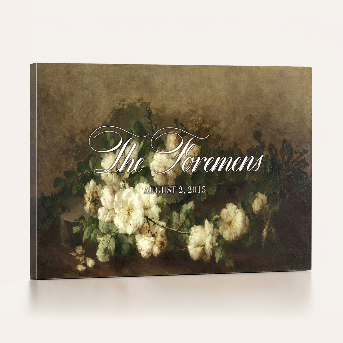 60065718-MCV-HS-36X24 - Wedding Easel Sign | Personalized White Peonies Vintage Canvas | Framed Welcome Sign for Ceremony