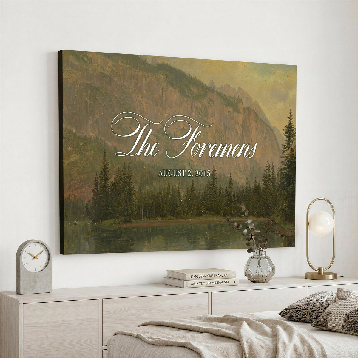 96706505-MCV-HS-36X24 - Personalized Family Name Sign | Mountain Lake Vintage Landscape Canvas | Wedding Gift