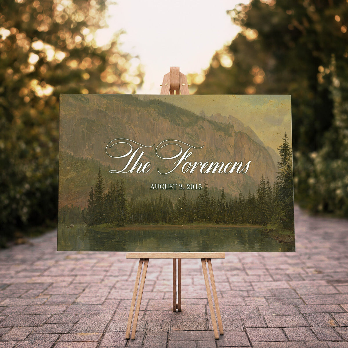 96706505-MCV-HS-36X24 - Personalized Family Name Sign | Mountain Lake Vintage Landscape Canvas | Wedding Gift