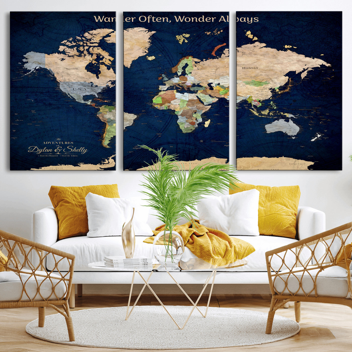 12399561-MGV-CV-30X20-Personalized World Map Print, Customizable Push Pin Framed World Map Print on Canvas - Custom Quote on Map Print