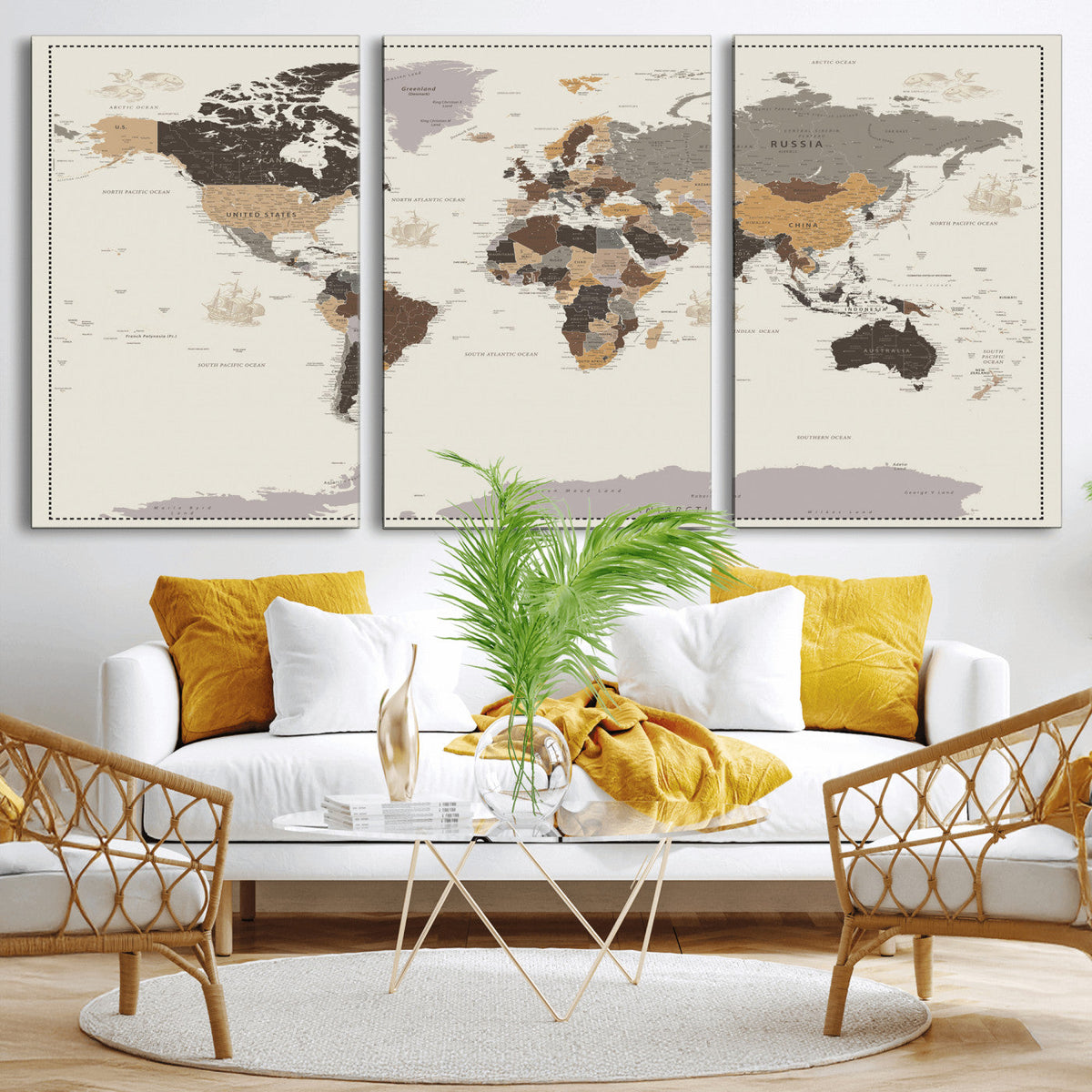 58777746-MGV-CV-36X24 - Custom Beige Modern Push Pin World Map Canvas Print, Places Visited Tracker, Bedroom and Study Decor