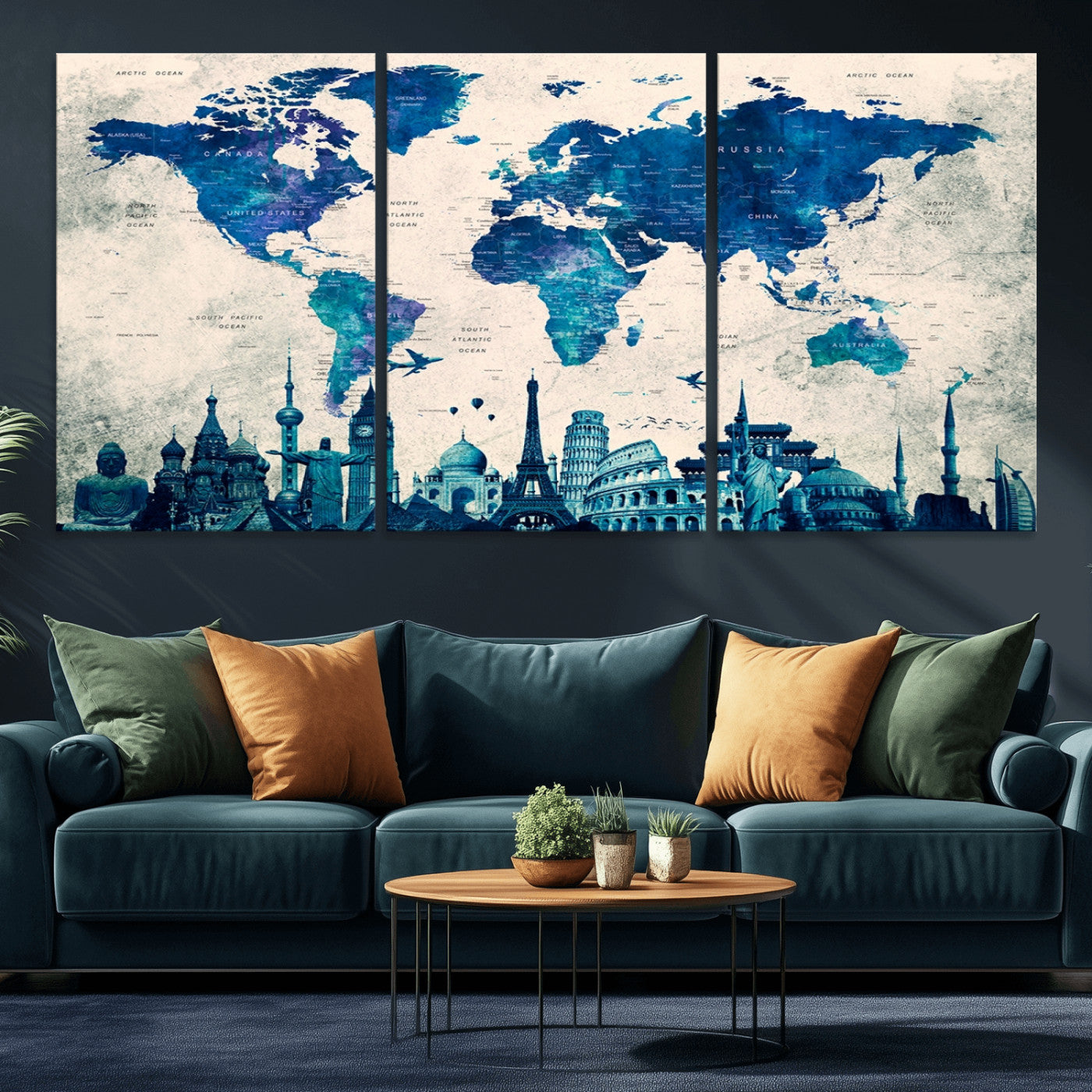 Navy Blue World Map Canvas Print, Wonder of World Map Push Pin Canvas Print