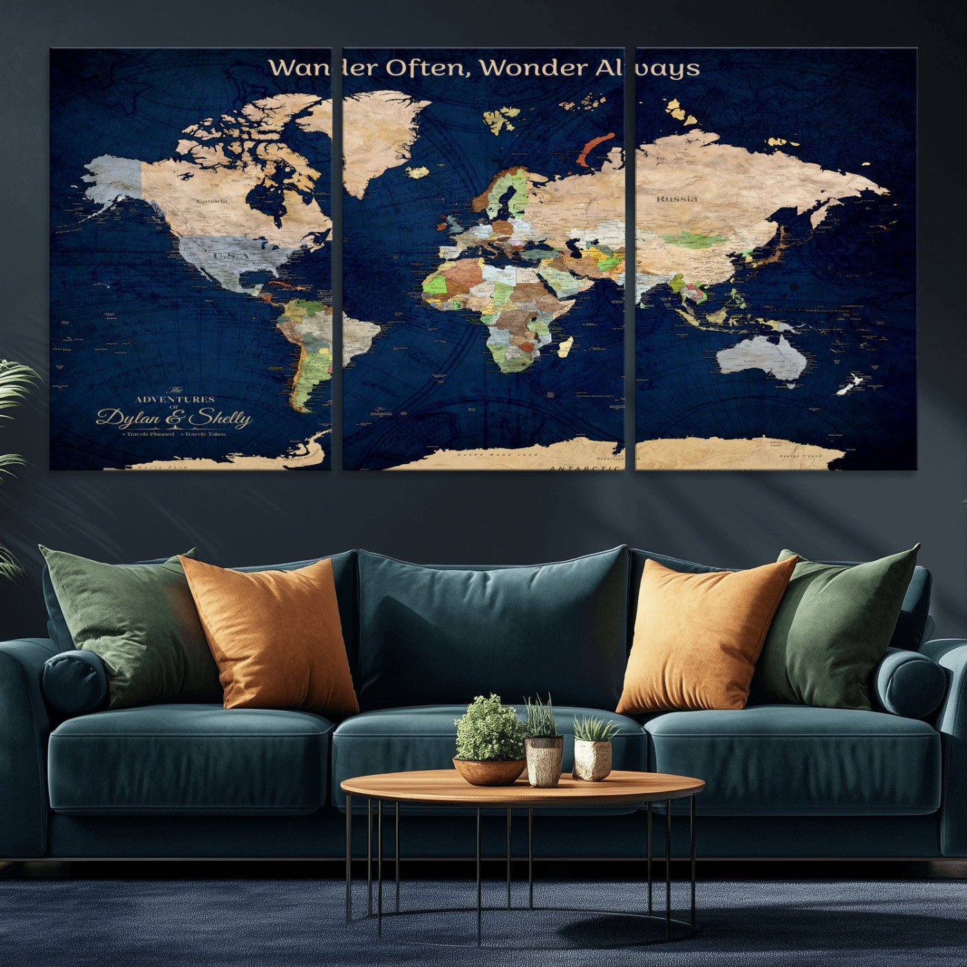 12399561-MGV-CV-30X20-Personalized World Map Print, Customizable Push Pin Framed World Map Print on Canvas - Custom Quote on Map Print