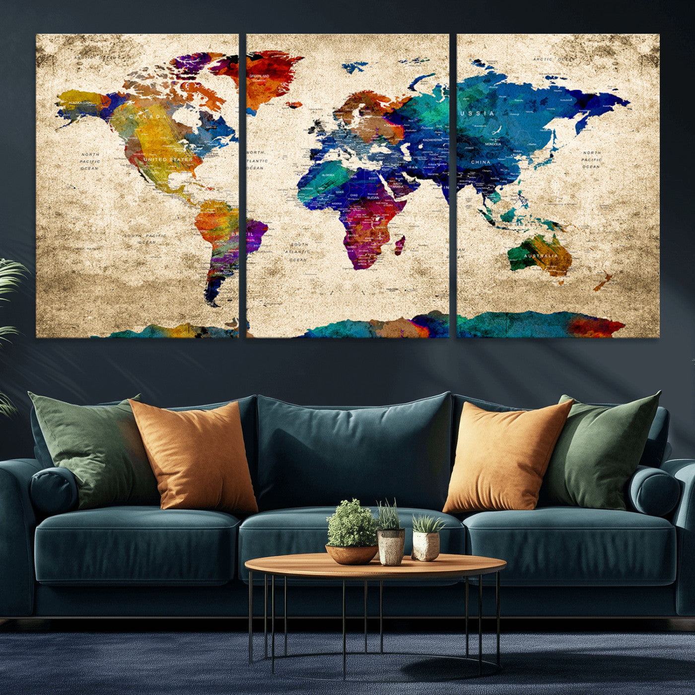 Push Pin World Map Canvas Print – Framed Wall Art for Couples to Track Their Travels – Anniversary Gift or Home Adventure Decor