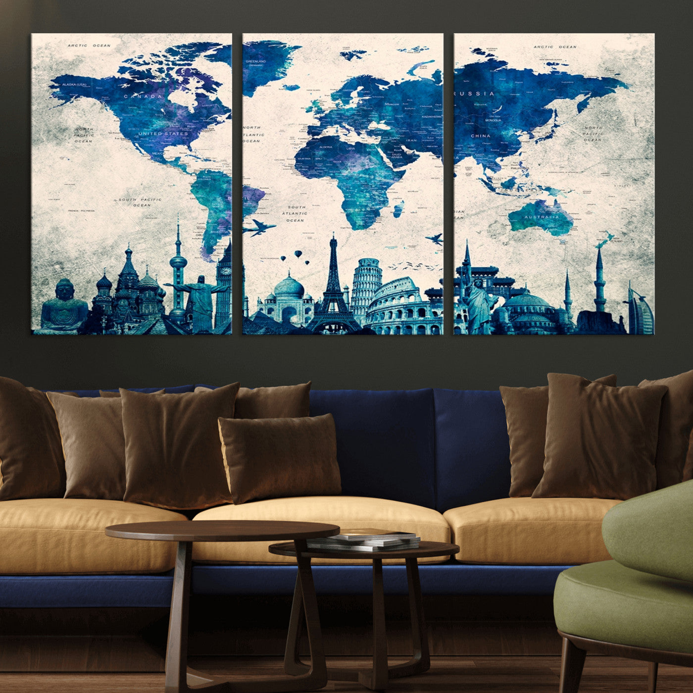 Navy Blue World Map Canvas Print, Wonder of World Map Push Pin Canvas Print