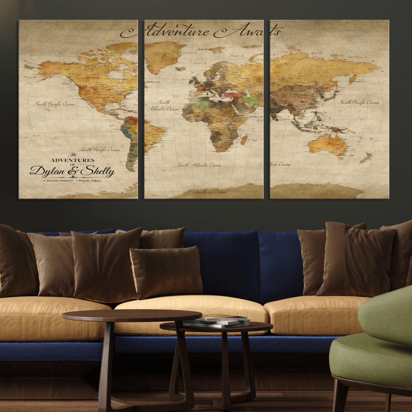 50298017-MGV-CV-36X24-Personalized World Map Print, Customizable Push Pin Framed World Map Print on Canvas - Custom Quote on Map Print
