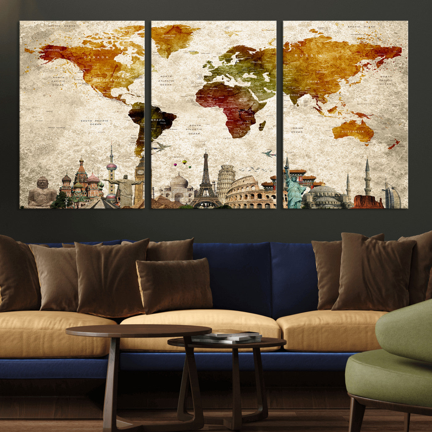 Push Pin World Map Canvas Print – Framed Wall Art for Couples to Track Their Travels – Anniversary Gift or Home Adventure Decor