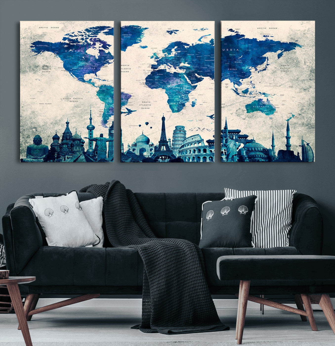Navy Blue World Map Canvas Print, Wonder of World Map Push Pin Canvas Print