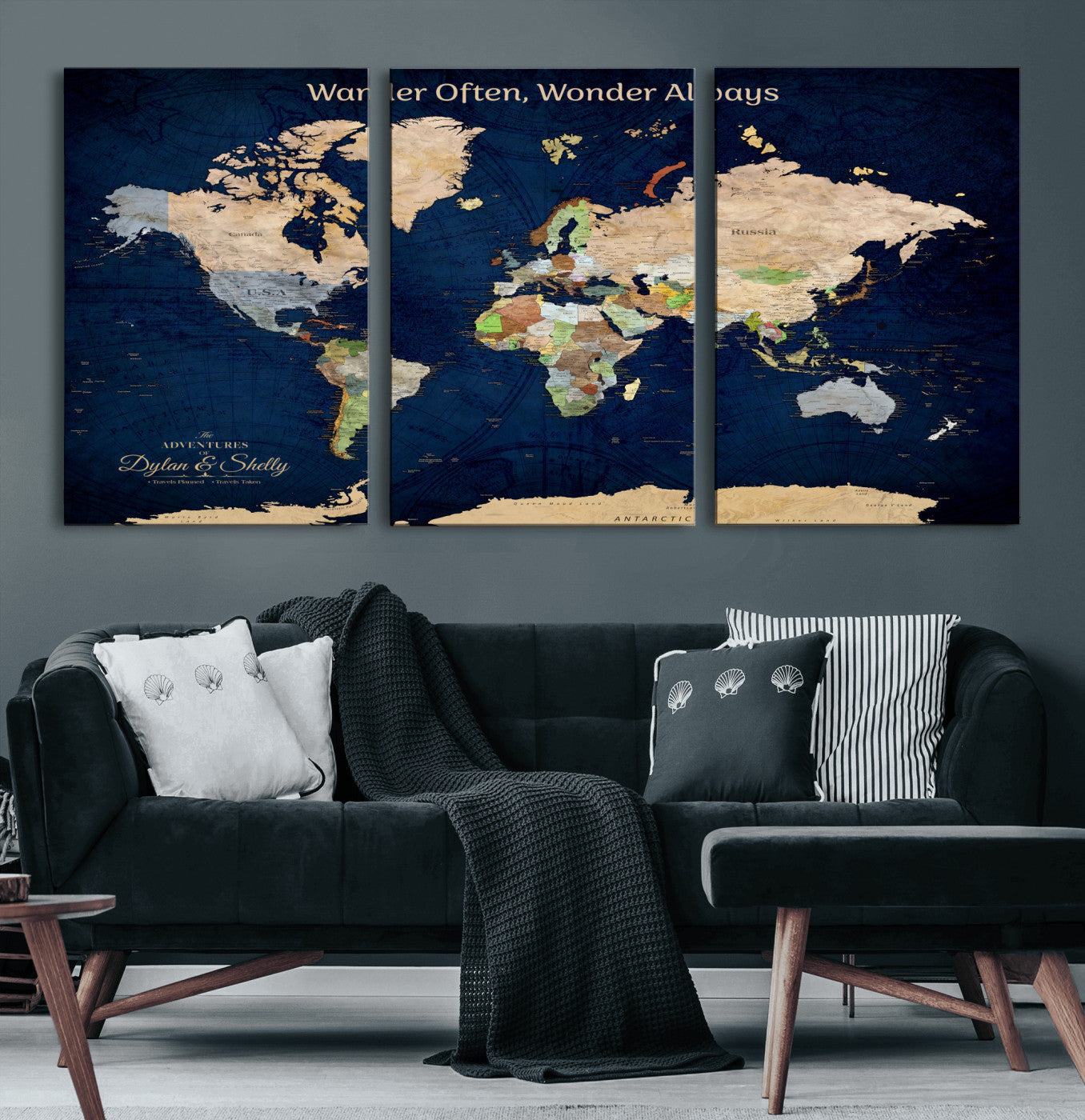 12399561-MGV-CV-30X20-Personalized World Map Print, Customizable Push Pin Framed World Map Print on Canvas - Custom Quote on Map Print