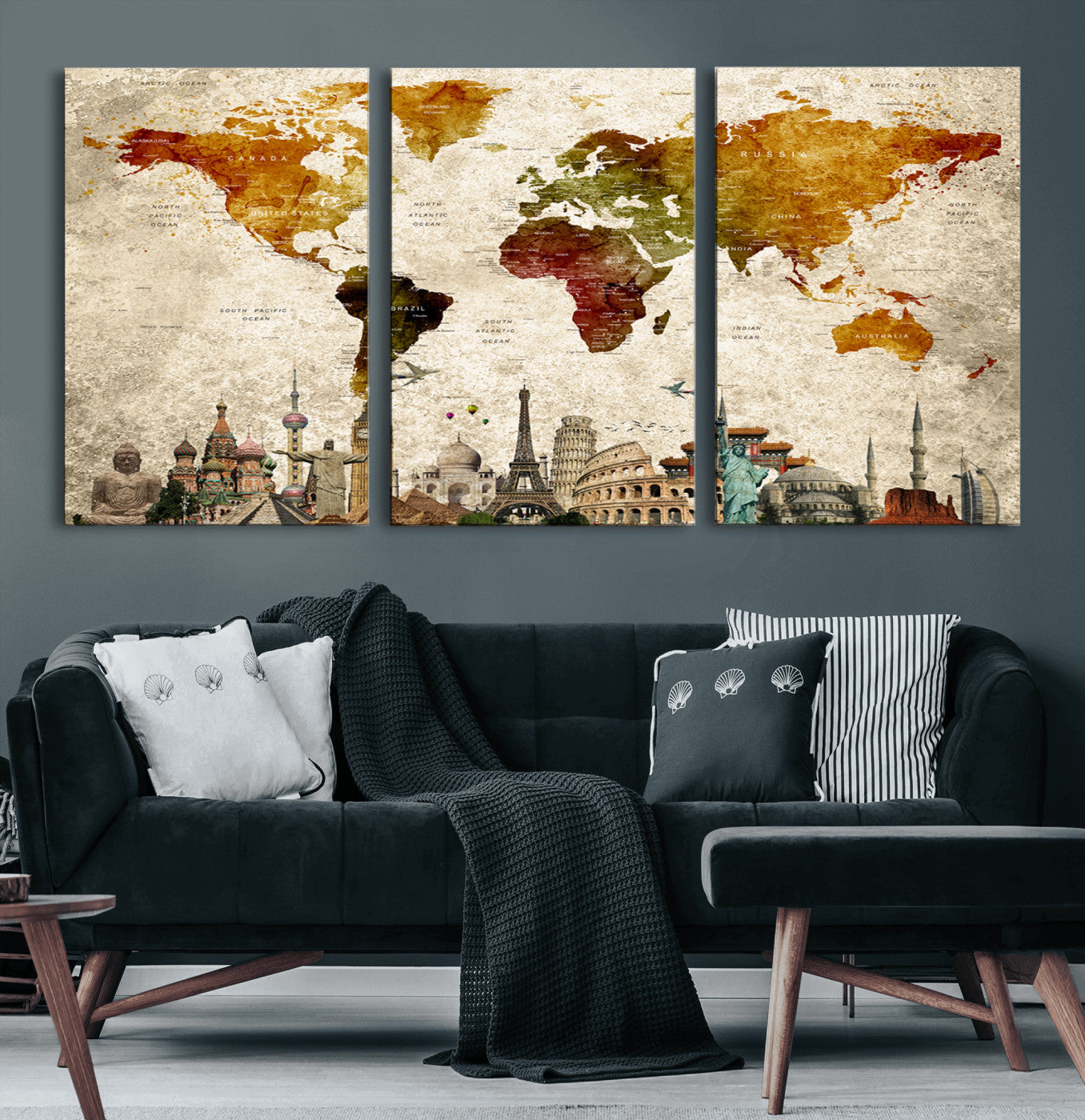 Push Pin World Map Canvas Print – Framed Wall Art for Couples to Track Their Travels – Anniversary Gift or Home Adventure Decor