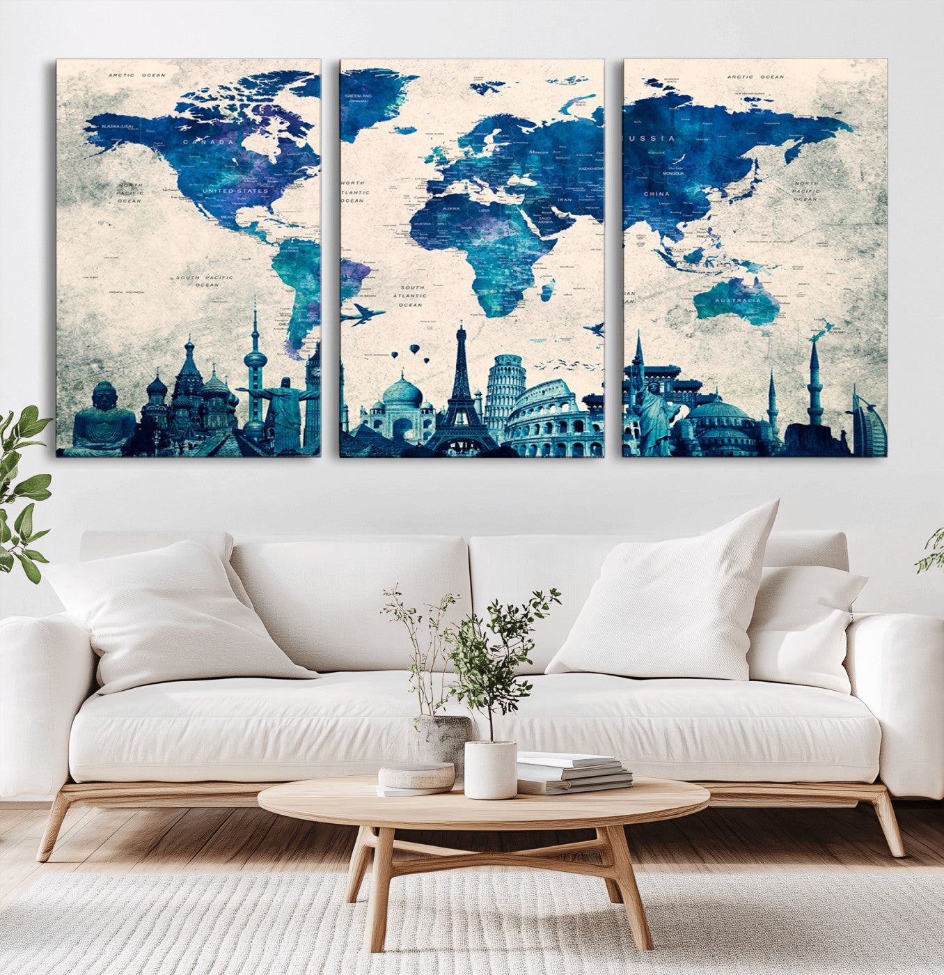 Navy Blue World Map Canvas Print, Wonder of World Map Push Pin Canvas Print