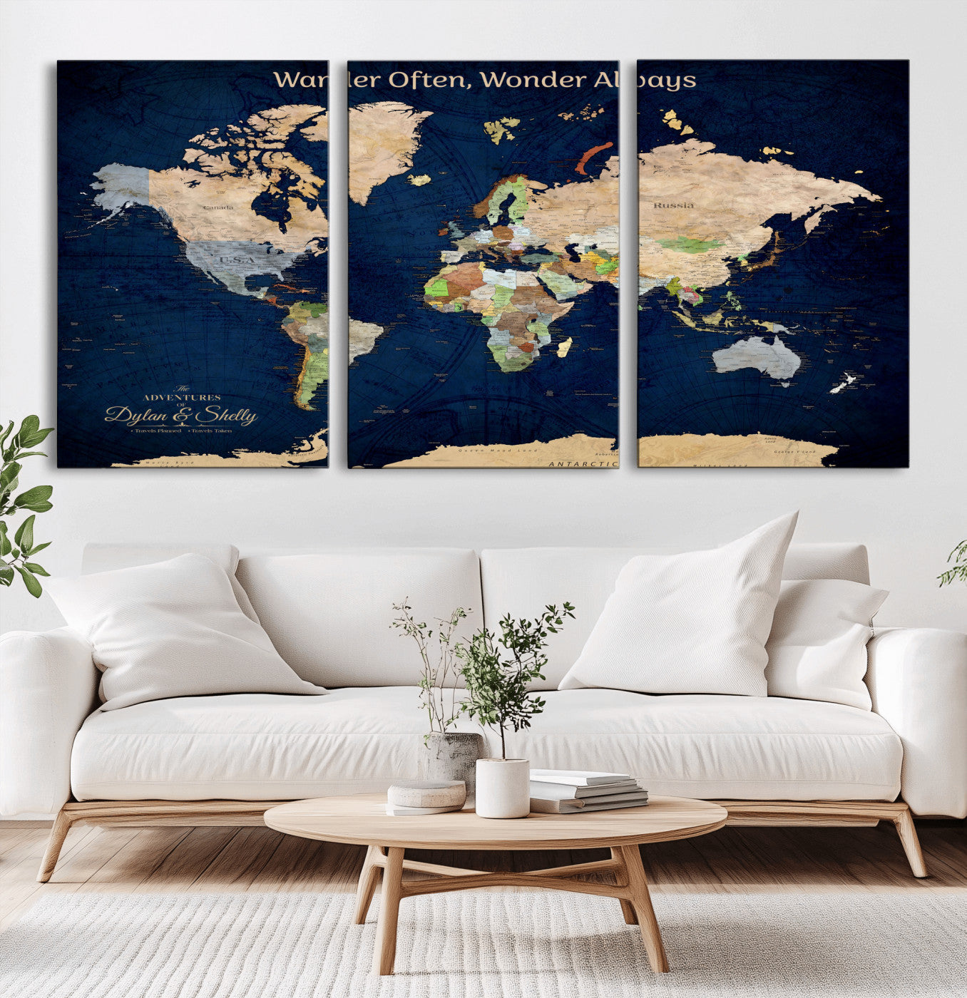 12399561-MGV-CV-60X30-3P-Personalized World Map Print, Customizable Push Pin Framed World Map Print on Canvas - Custom Quote on Map Print