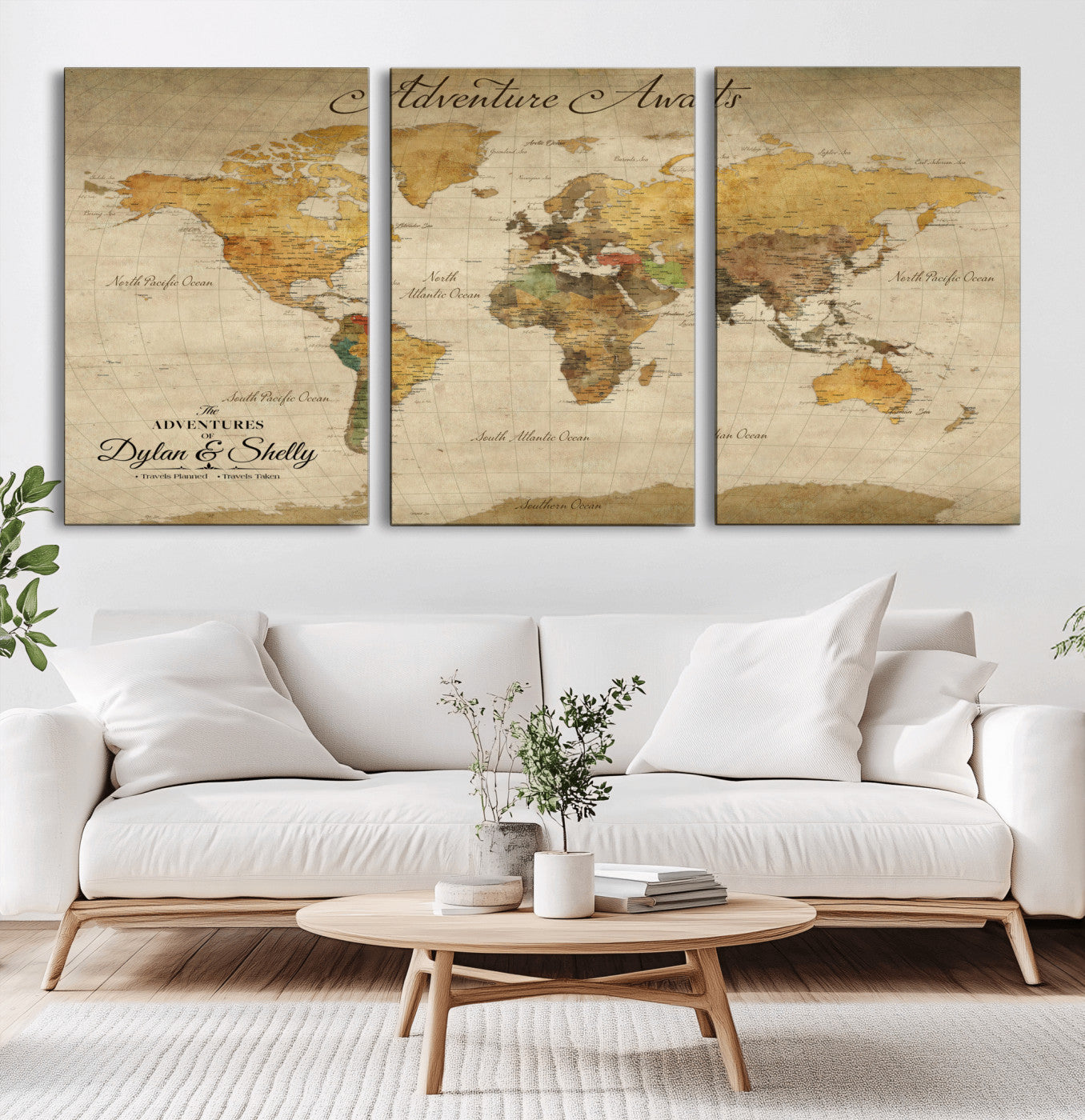 50298017-MGV-CV-60X30-3P-Personalized World Map Print, Customizable Push Pin Framed World Map Print on Canvas - Custom Quote on Map Print