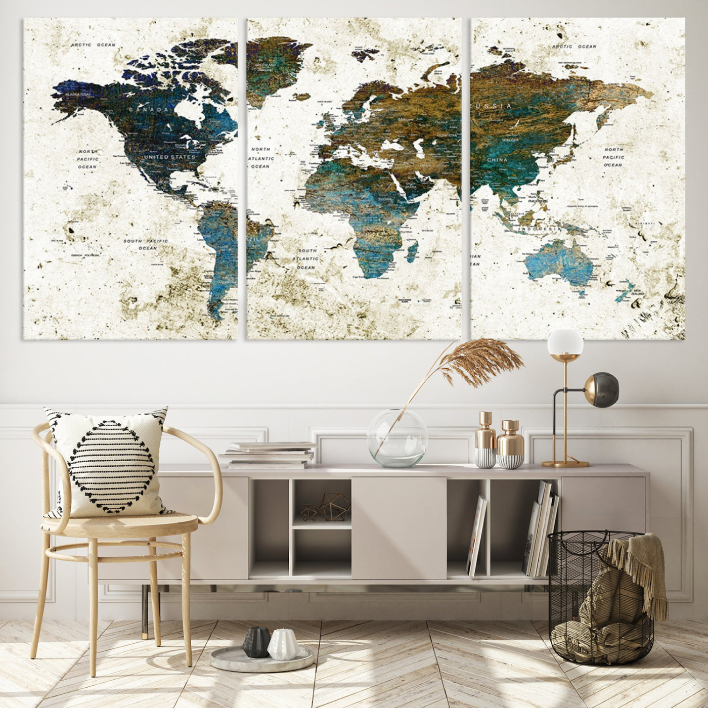 Vintage World Map Wall Art Canvas Print, Framed Rustic Earth Map Art Picture Print, Antique Map Perfect Rustic Vintage Decor Artwork