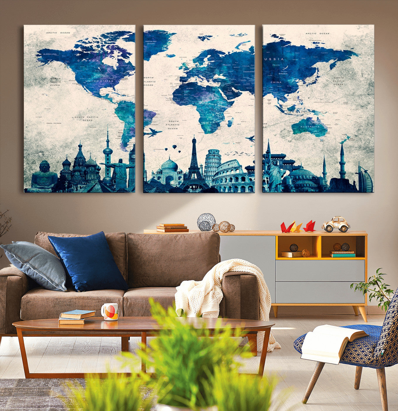 Navy Blue World Map Canvas Print, Wonder of World Map Push Pin Canvas Print