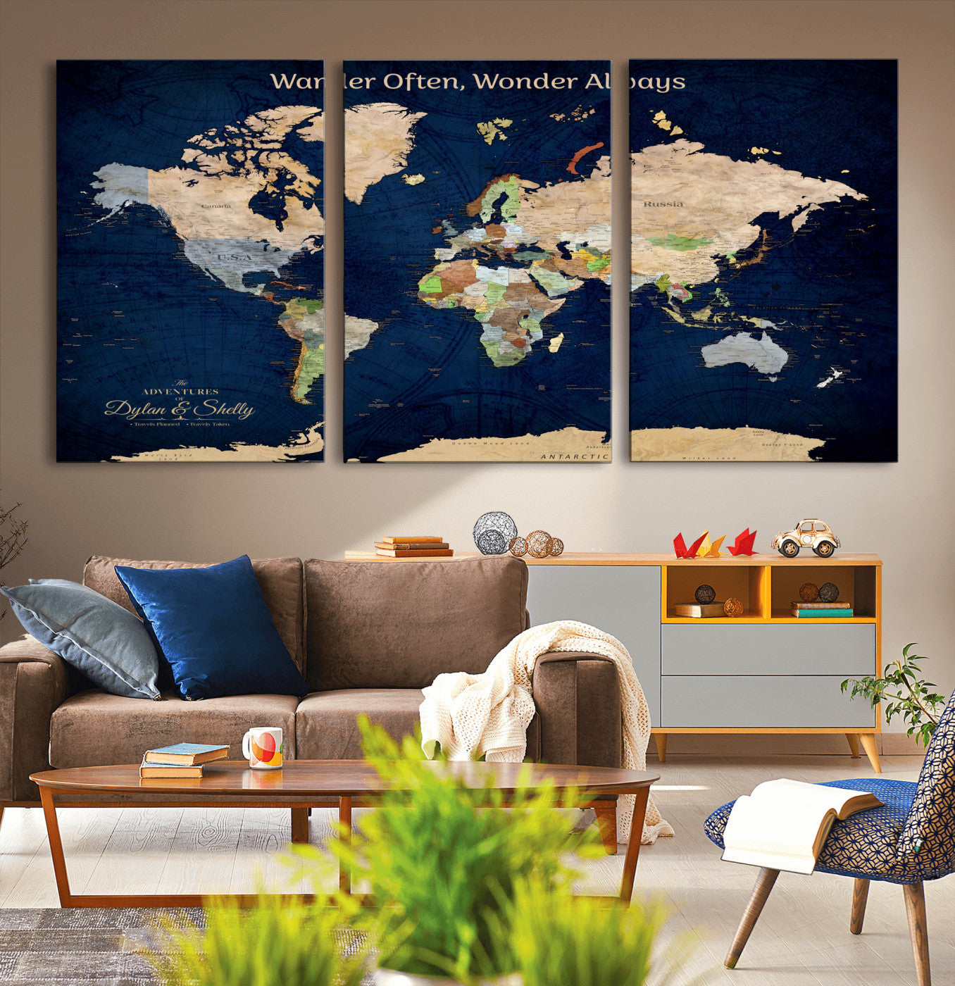 12399561-MGV-CV-30X20-Personalized World Map Print, Customizable Push Pin Framed World Map Print on Canvas - Custom Quote on Map Print