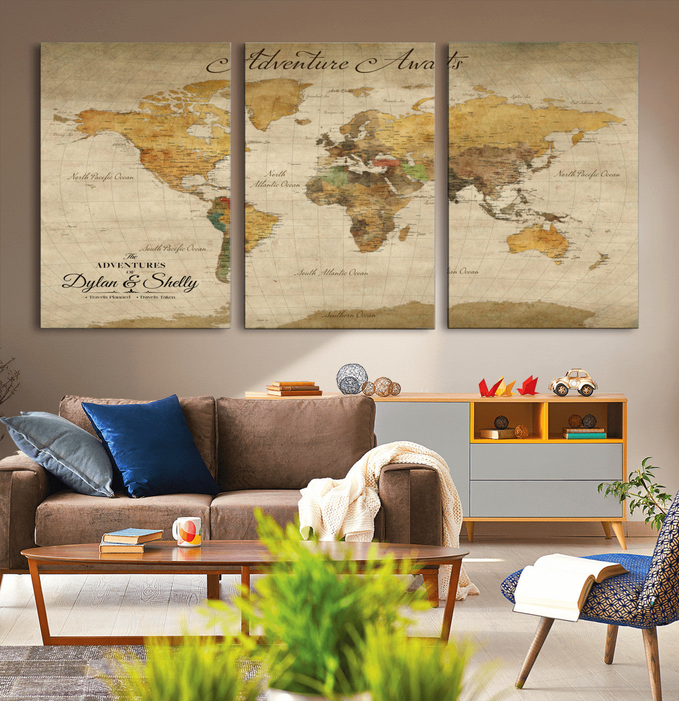 50298017-MGV-CV-36X24-Personalized World Map Print, Customizable Push Pin Framed World Map Print on Canvas - Custom Quote on Map Print