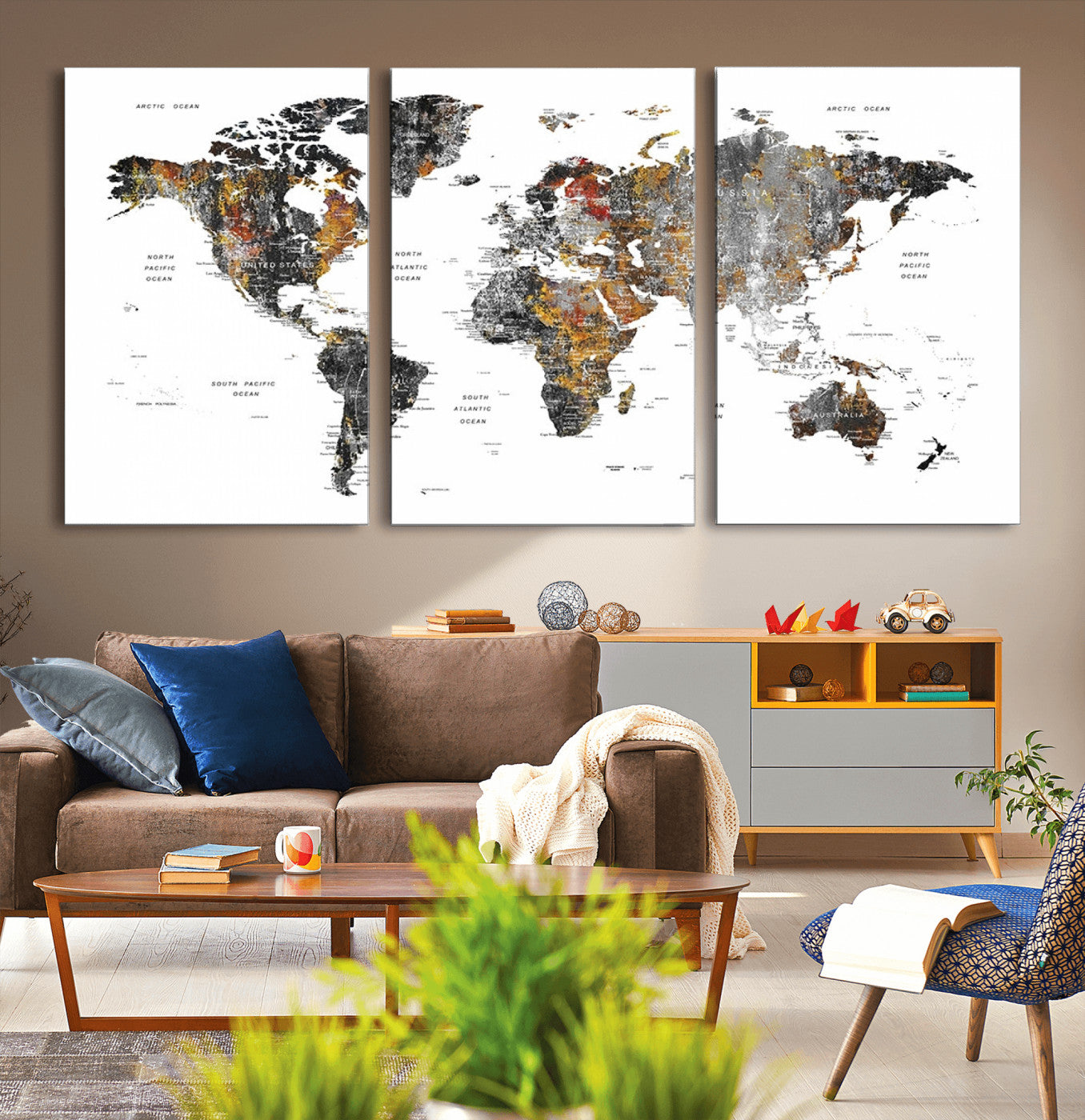Push Pin World Map Canvas Print – Framed Wall Art for Couples to Track Their Travels – Anniversary Gift or Home Adventure Decor