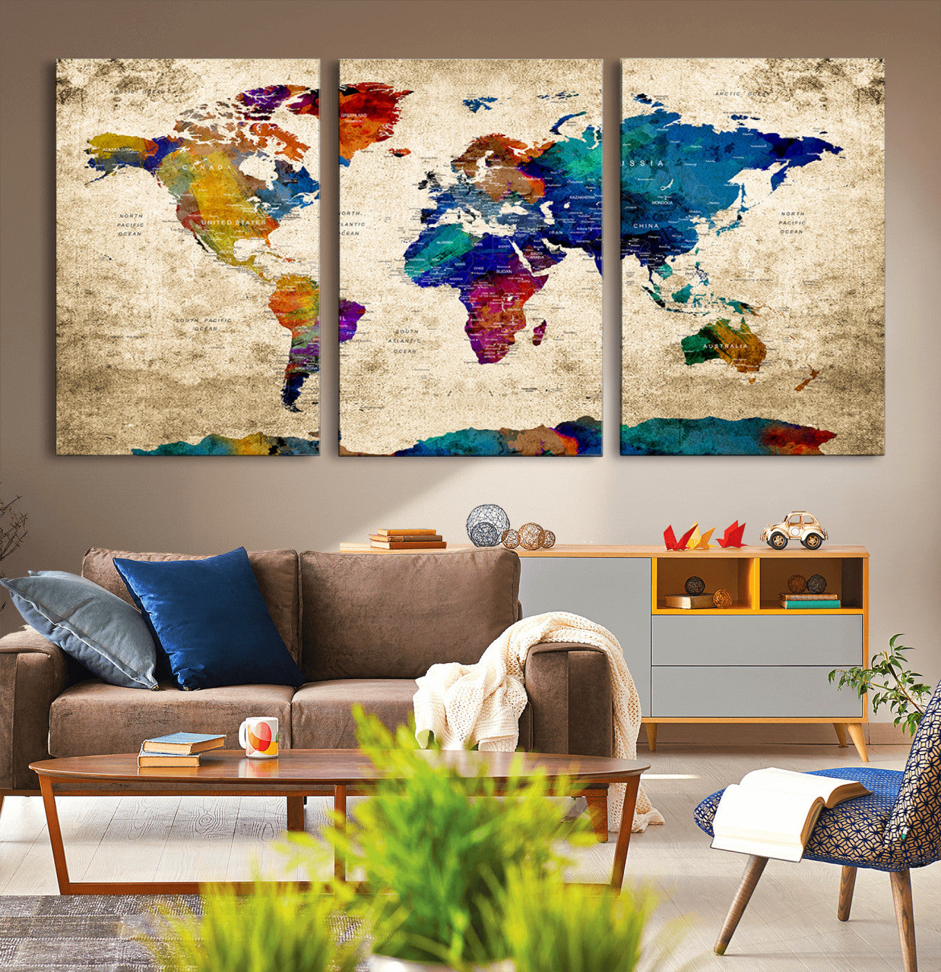 Push Pin World Map Canvas Print – Framed Wall Art for Couples to Track Their Travels – Anniversary Gift or Home Adventure Decor