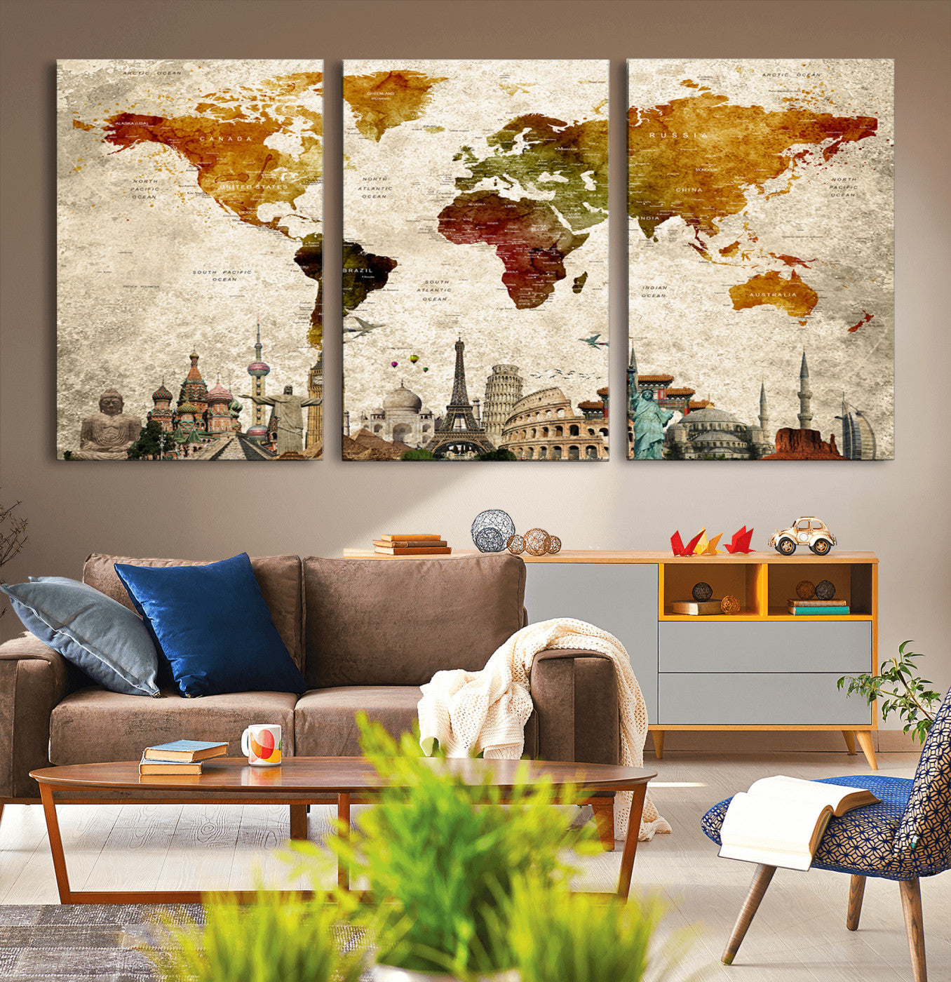 Push Pin World Map Canvas Print – Framed Wall Art for Couples to Track Their Travels – Anniversary Gift or Home Adventure Decor
