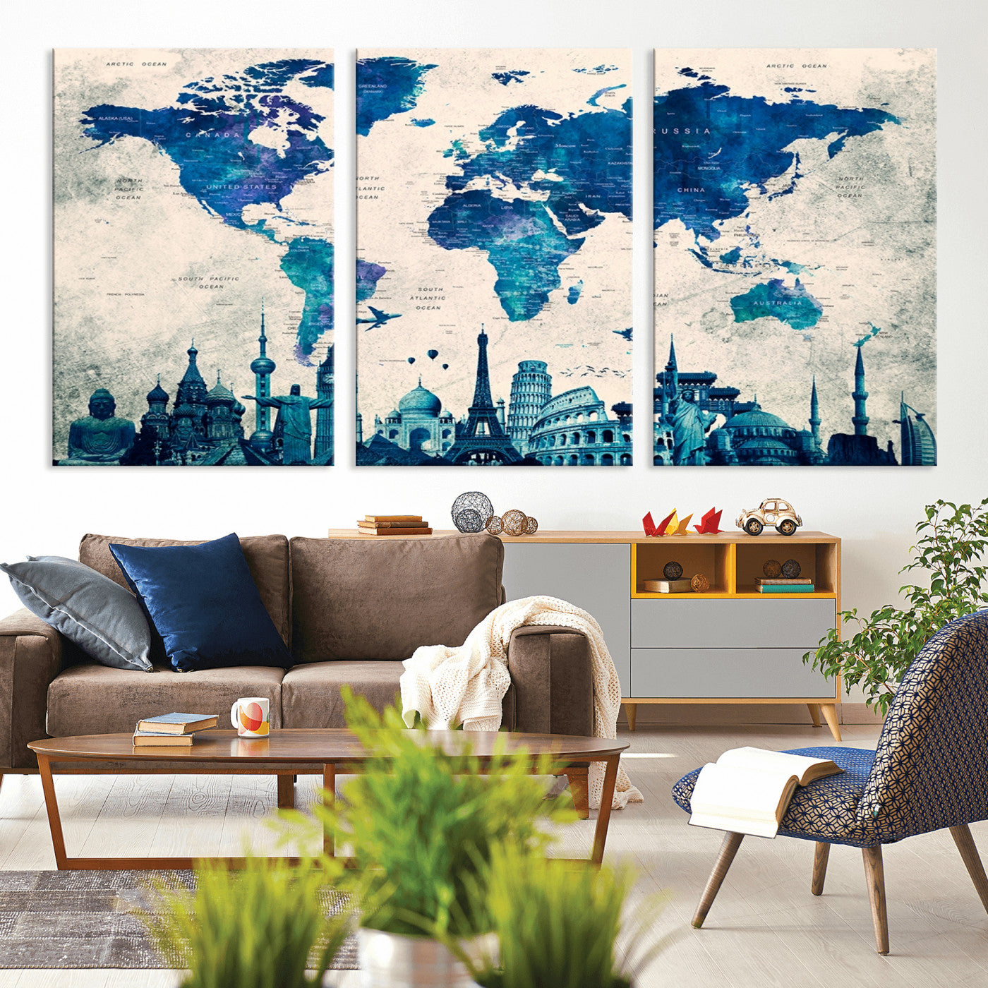 Navy Blue World Map Canvas Print, Wonder of World Map Push Pin Canvas Print
