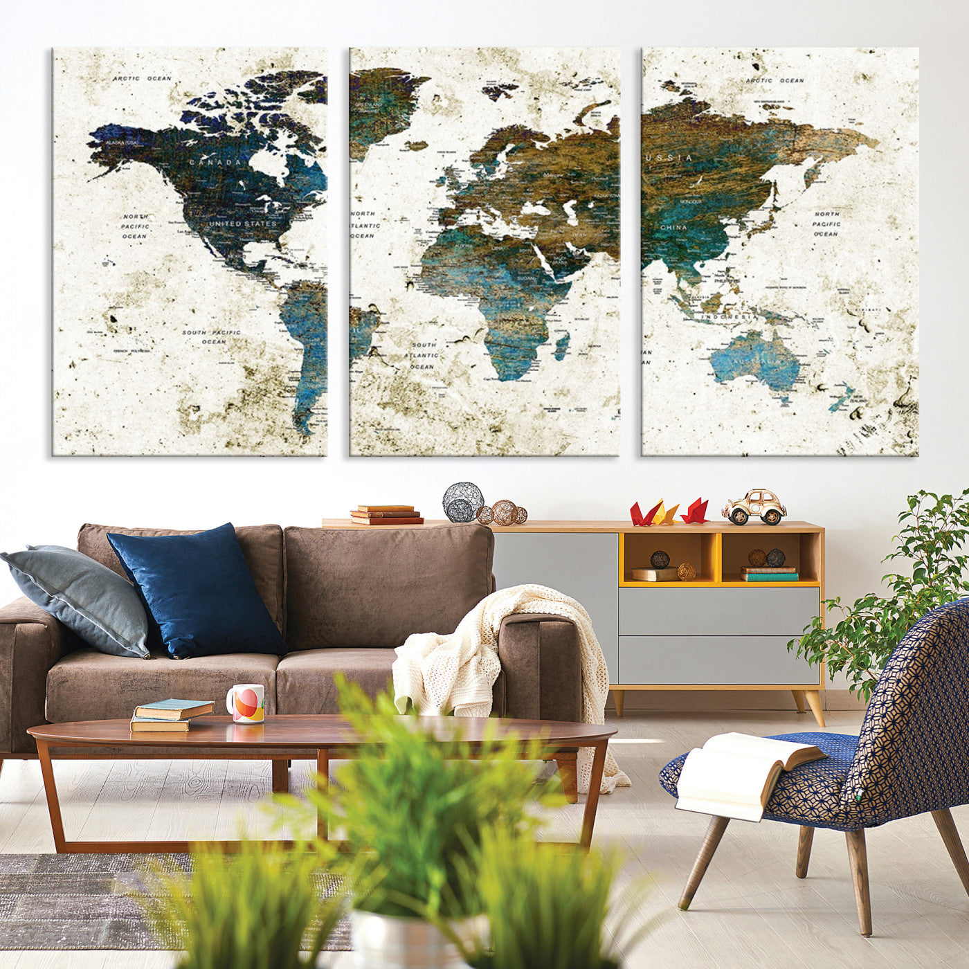 Vintage World Map Wall Art Canvas Print, Framed Rustic Earth Map Art Picture Print, Antique Map Perfect Rustic Vintage Decor Artwork