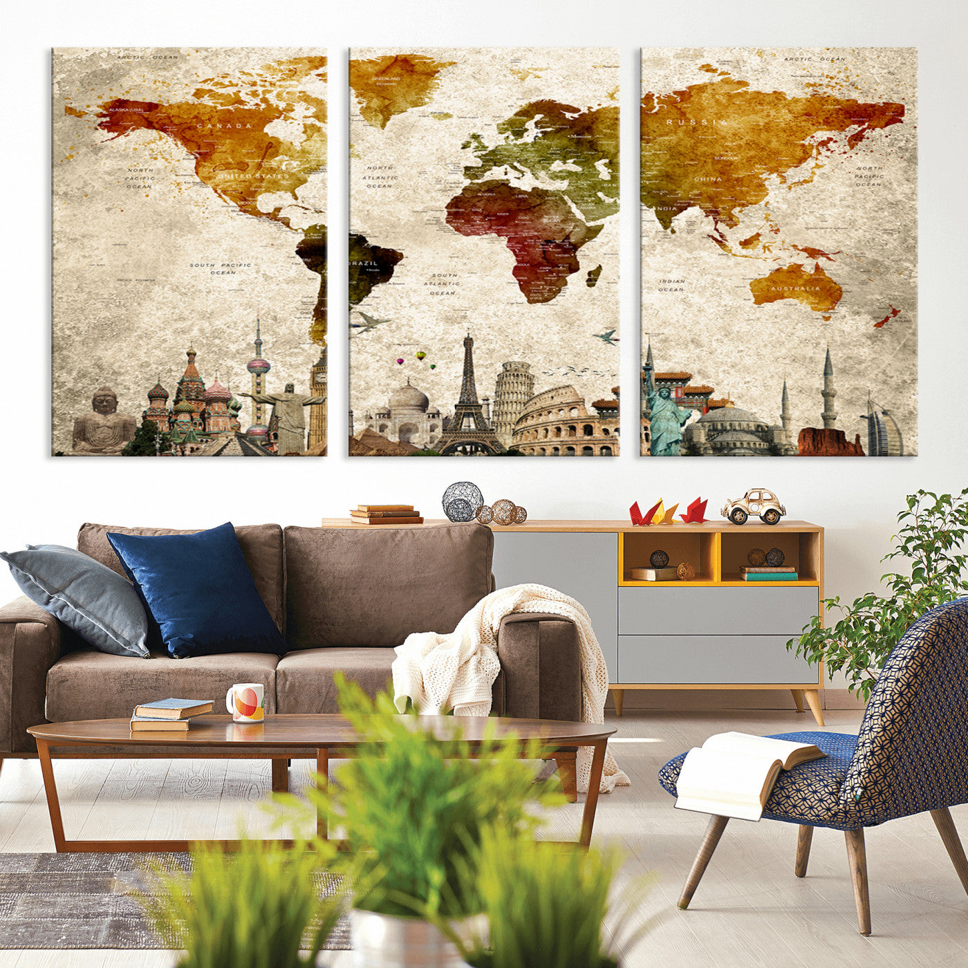 Push Pin World Map Canvas Print – Framed Wall Art for Couples to Track Their Travels – Anniversary Gift or Home Adventure Decor