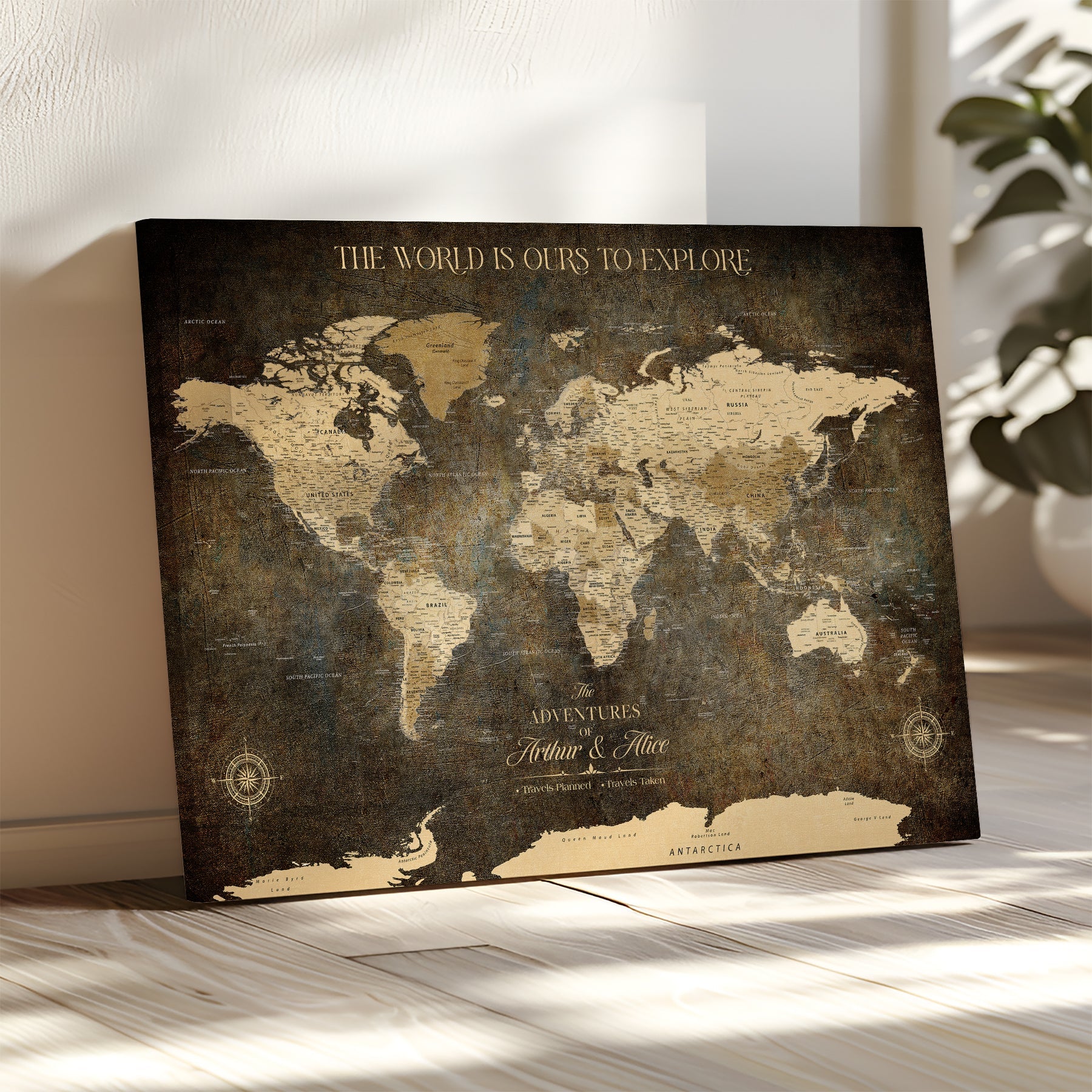 77826024S-MGV-CV-36X24-Personalized World Map Wall Art Print – Custom Push Pin Canvas Design, Framed Gift for Travel Memories, Couples or Special Occasions