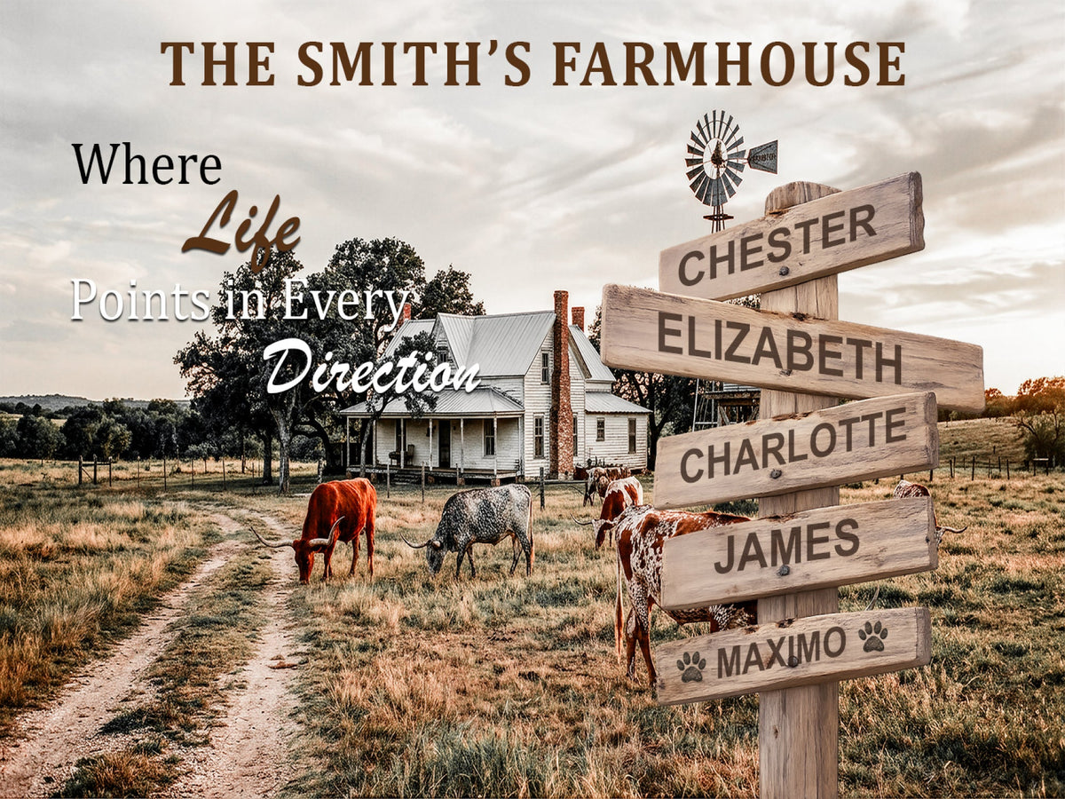 Personalized Farmhouse Family Signpost Canvas, Custom Name Wall Art
