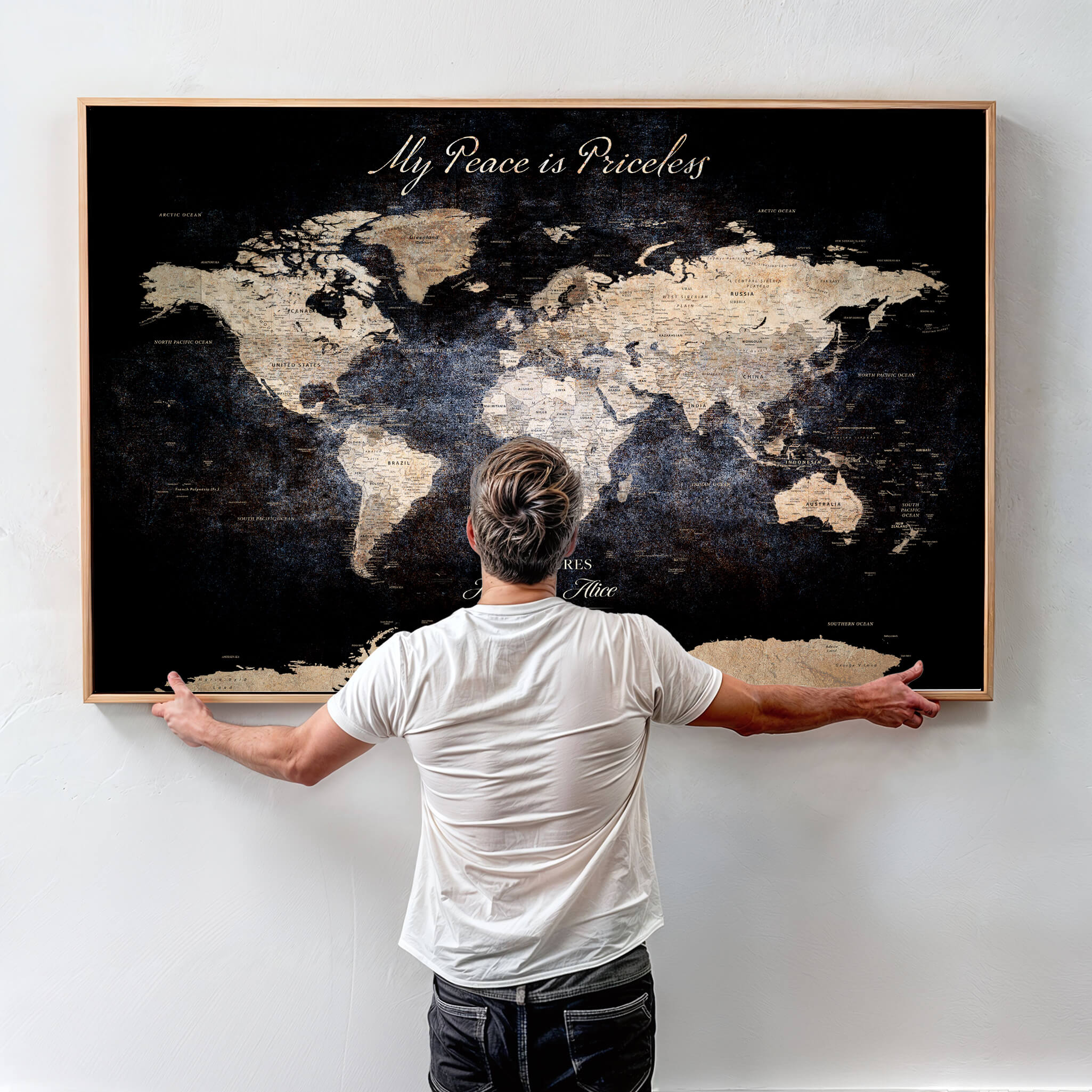 '-Personalized Canvas Wall Art Print – Custom World Map with Push Pins, Framed Travel Tracker Gift for Couples or Anniversaries - H37ORJ