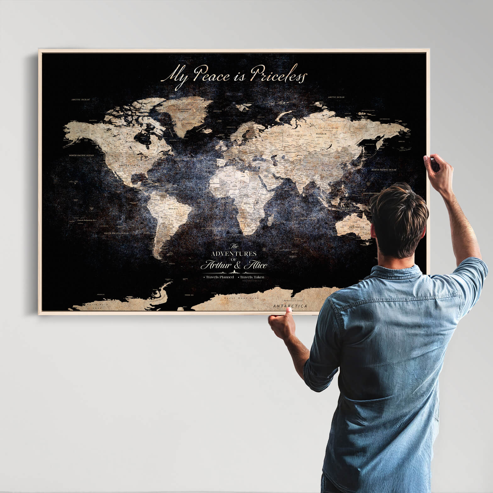 '-Personalized Canvas Wall Art Print – Custom World Map with Push Pins, Framed Travel Tracker Gift for Couples or Anniversaries - H37ORJ