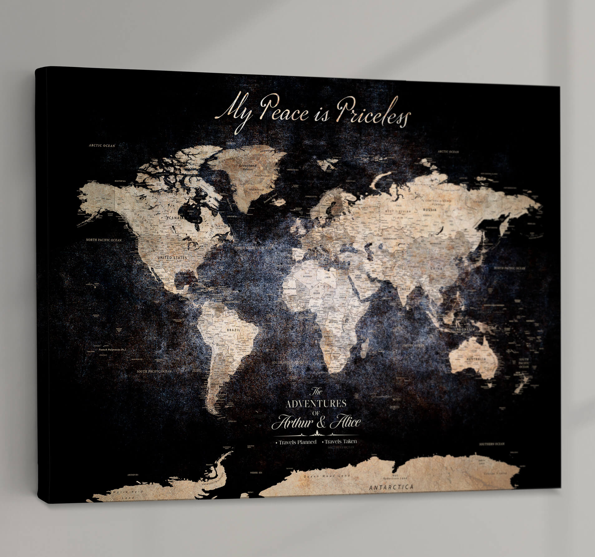 '-Personalized Canvas Wall Art Print – Custom World Map with Push Pins, Framed Travel Tracker Gift for Couples or Anniversaries - H37ORJ