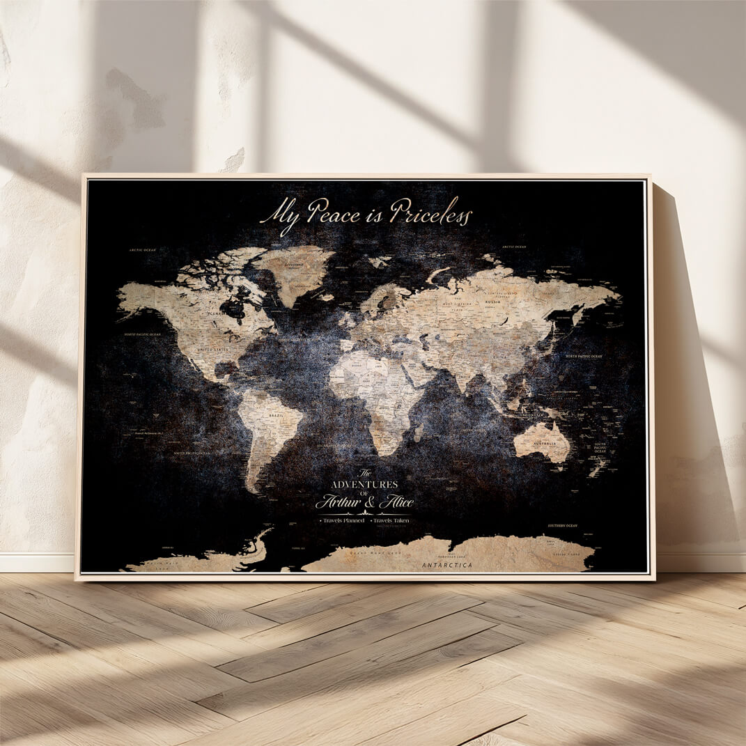 '-Personalized Canvas Wall Art Print – Custom World Map with Push Pins, Framed Travel Tracker Gift for Couples or Anniversaries - H37ORJ
