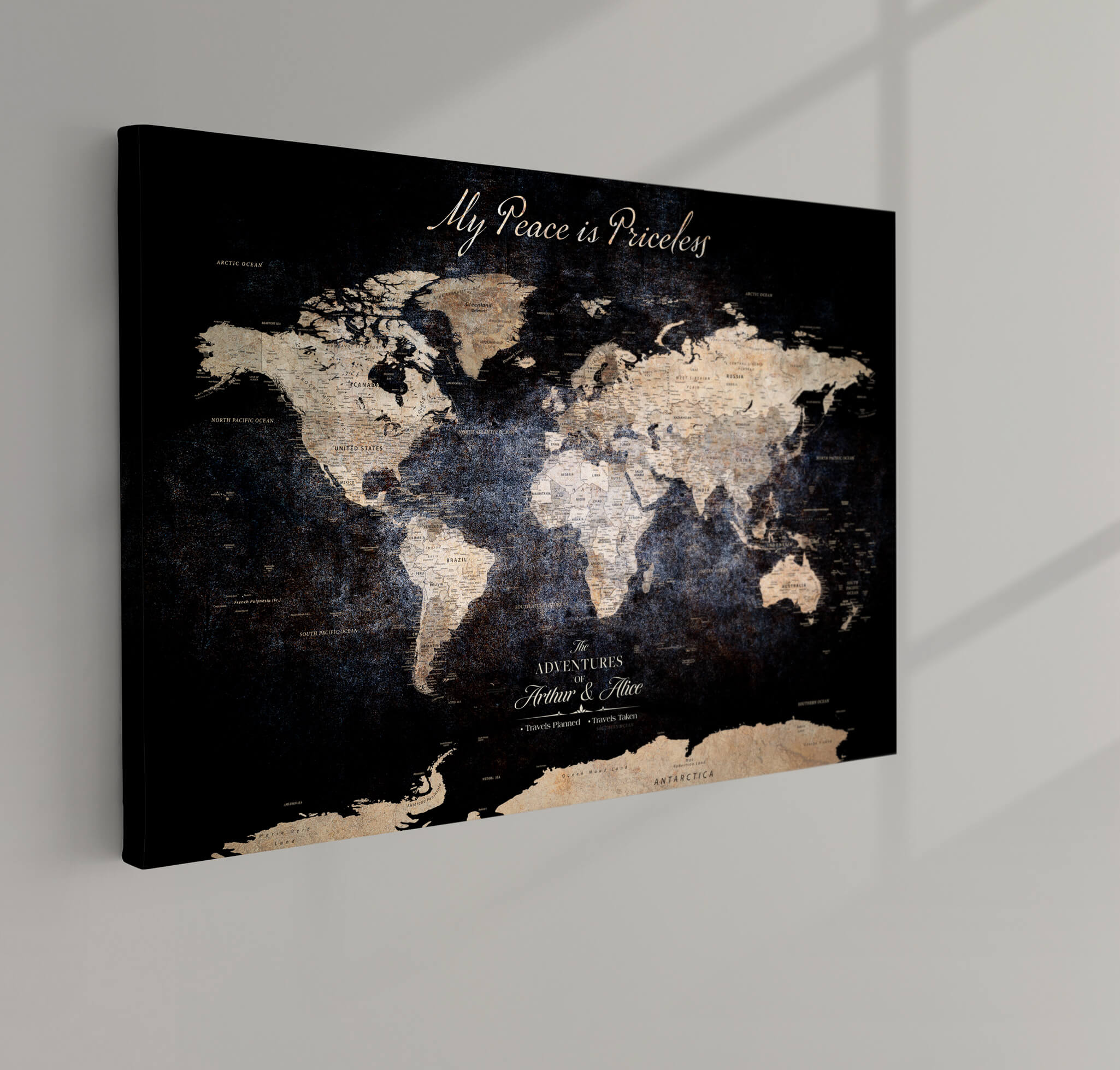 '-Personalized Canvas Wall Art Print – Custom World Map with Push Pins, Framed Travel Tracker Gift for Couples or Anniversaries - H37ORJ