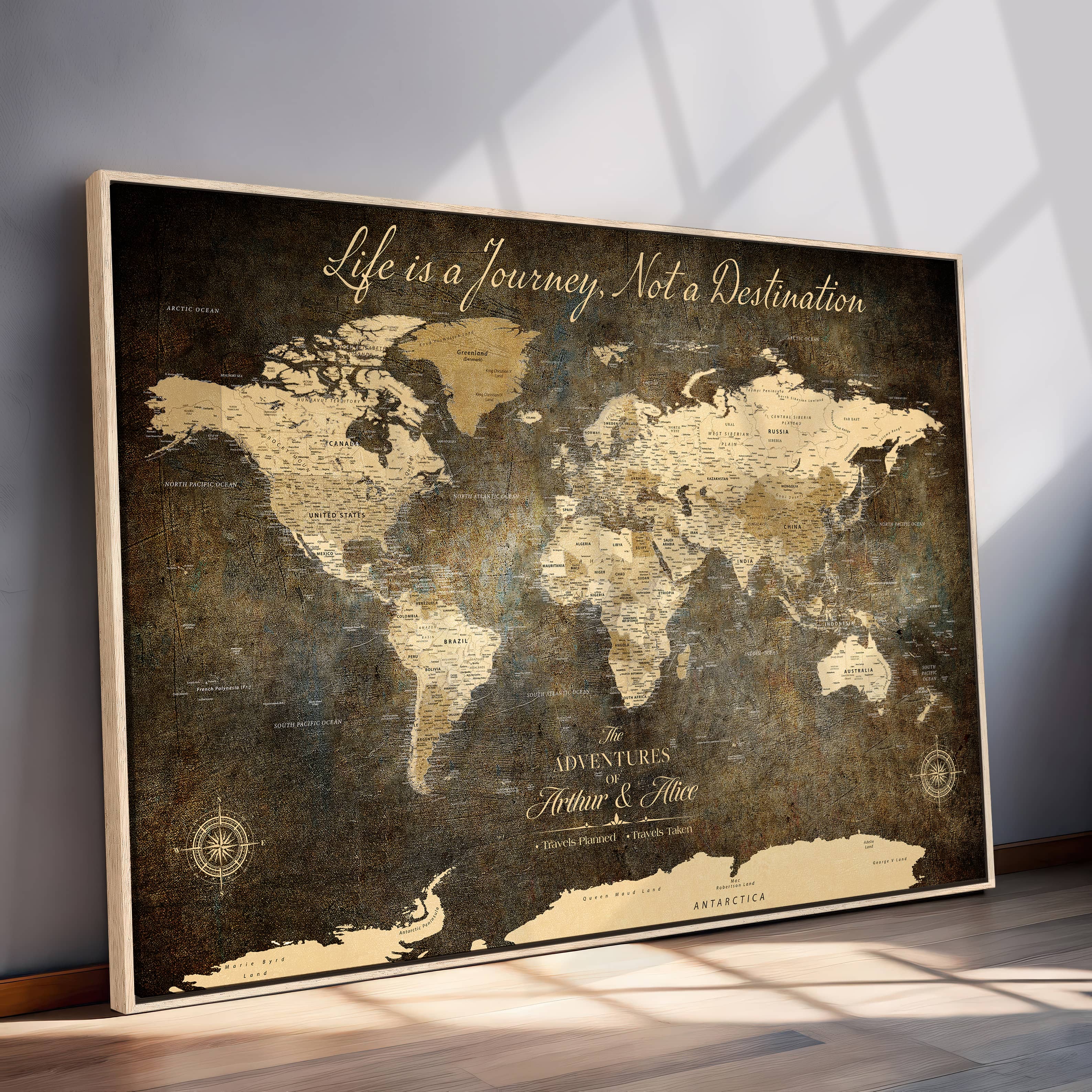'-Personalized Push Pin World Map – Custom Framed Canvas Wall Art for Travel Memories, Couples, Anniversaries, and Adventure Gifts - H1