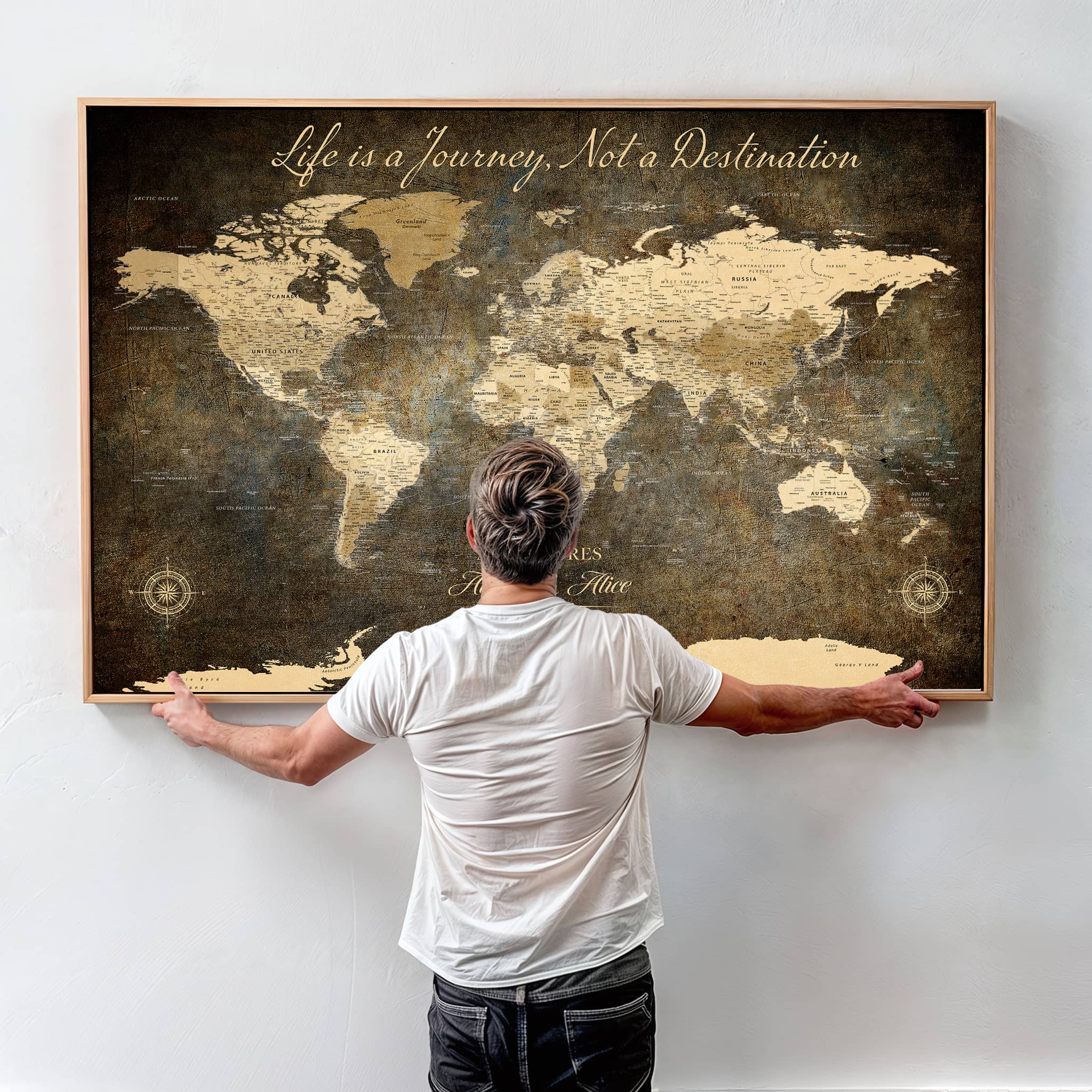 '-Personalized Push Pin World Map – Custom Framed Canvas Wall Art for Travel Memories, Couples, Anniversaries, and Adventure Gifts - H1