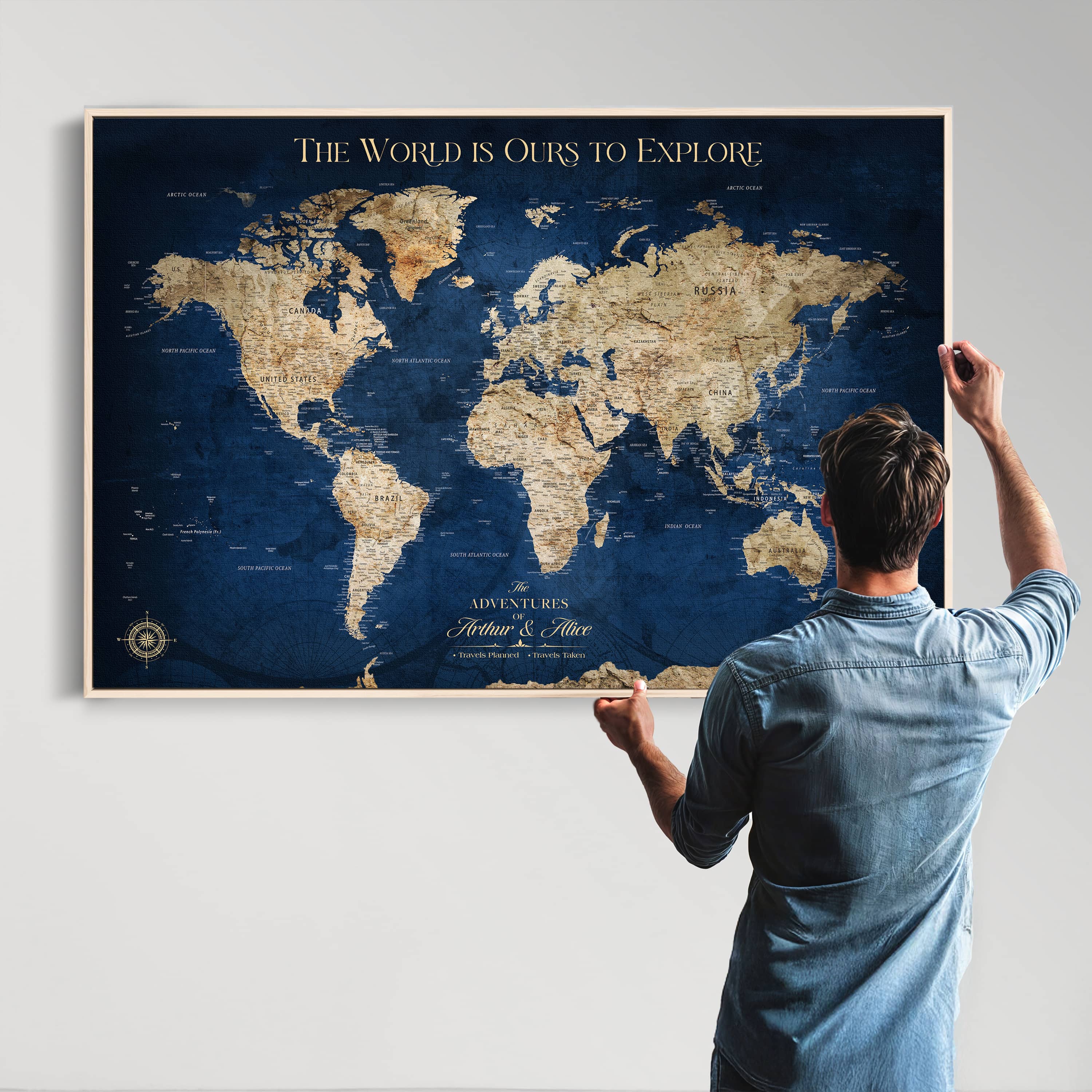 H2-Detailed-Custom Push Pin World Map Personalized Travel Tracker Canvas Gift Framed Anniversary Decor for Couples or Family Adventures - H2-1