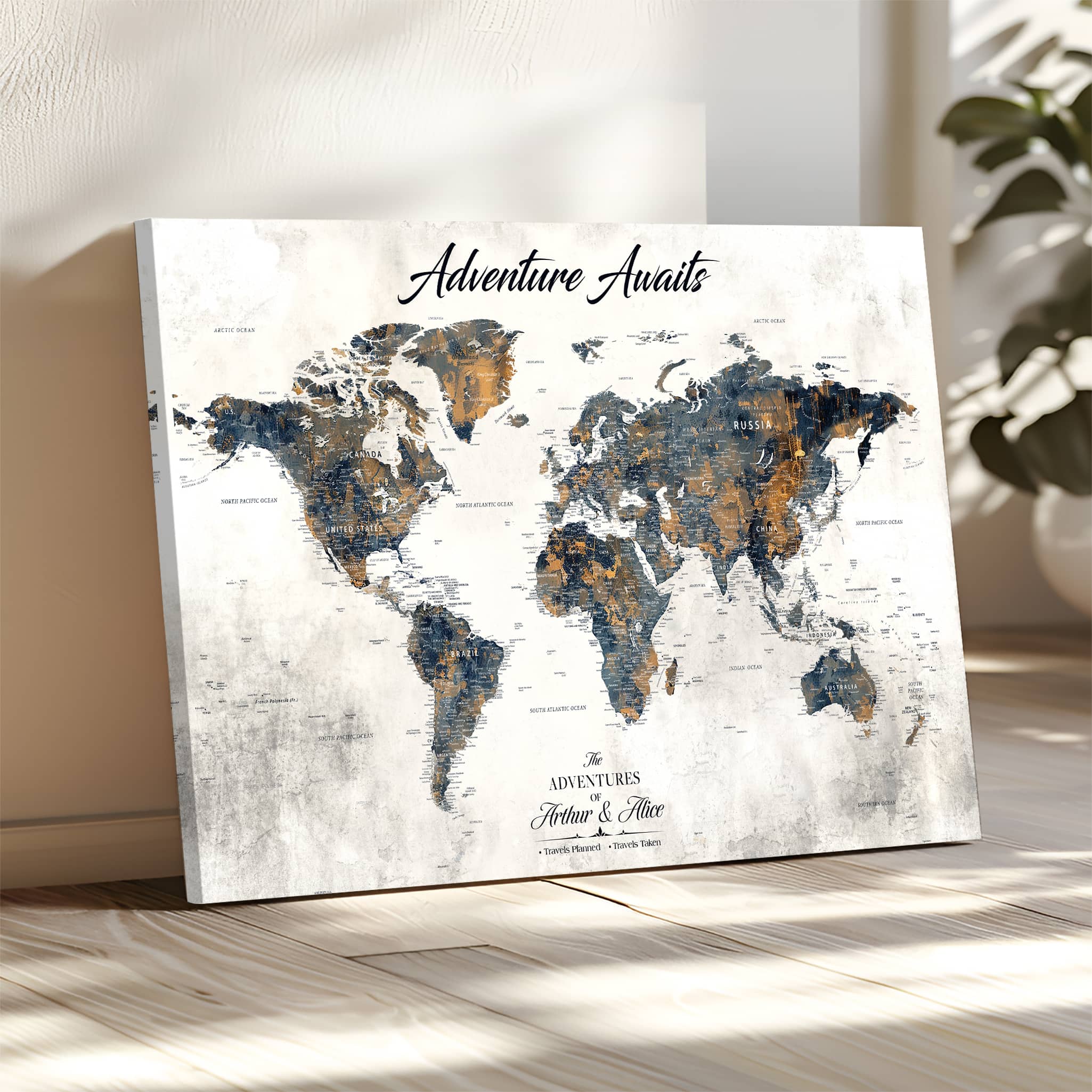 '-Personalized Push Pin World Map Wall Art, Customize Map Canvas Print, Adventure Black White Travel Decor for Couples for Anniversaries - H7
