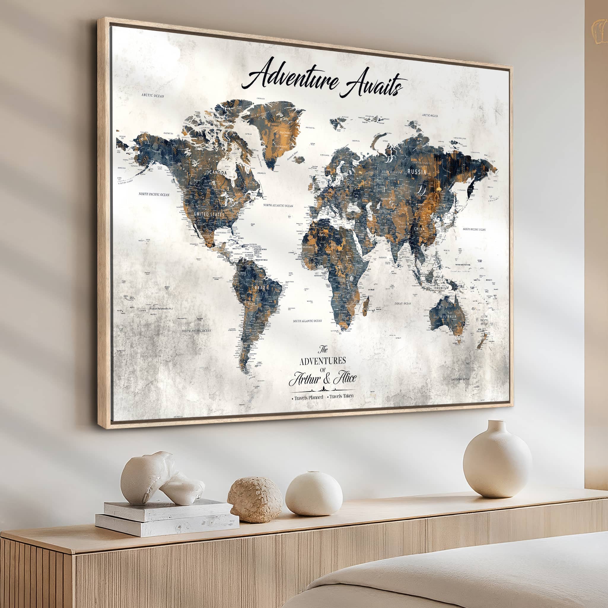 '-Personalized Push Pin World Map Wall Art, Customize Map Canvas Print, Adventure Black White Travel Decor for Couples for Anniversaries - H7