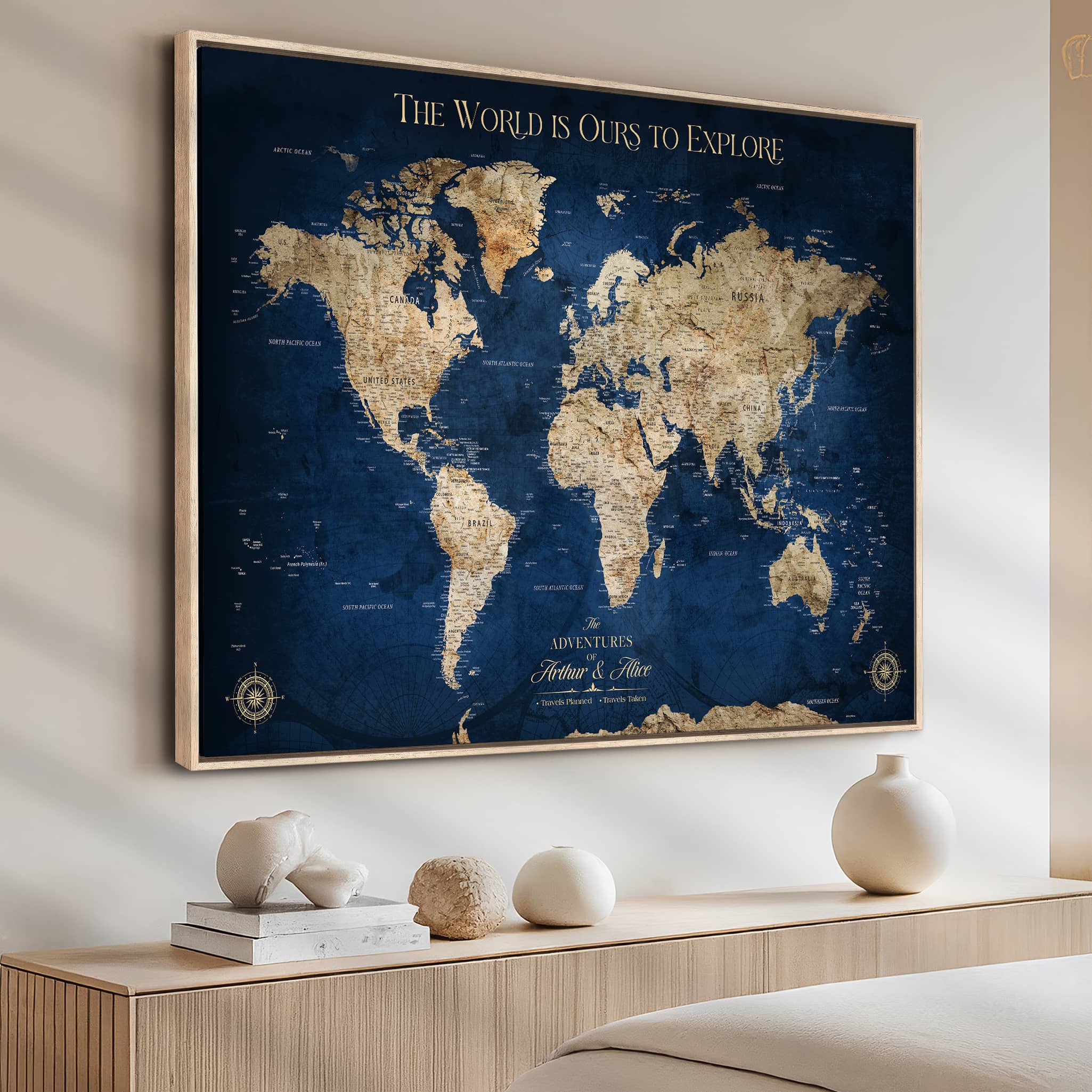 H2-Detailed-Custom Push Pin World Map Personalized Travel Tracker Canvas Gift Framed Anniversary Decor for Couples or Family Adventures - H2-1
