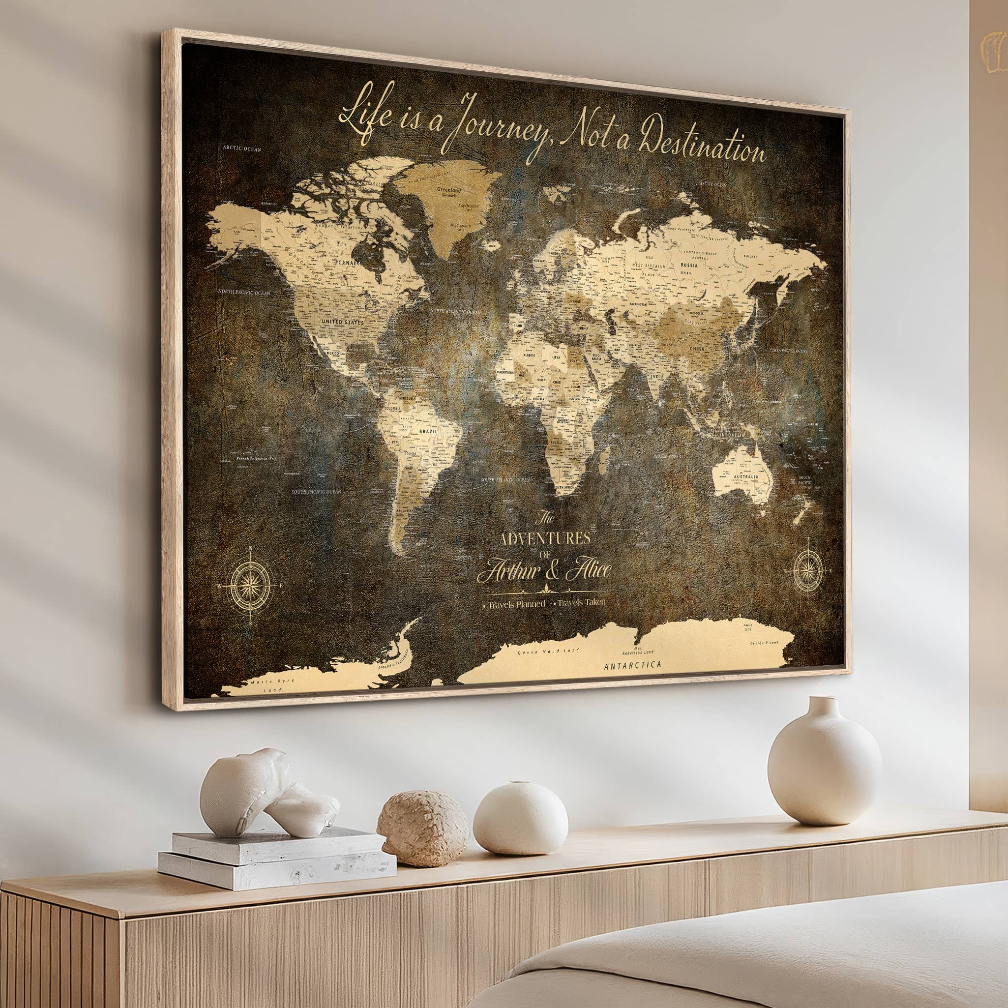 '-Personalized Push Pin World Map – Custom Framed Canvas Wall Art for Travel Memories, Couples, Anniversaries, and Adventure Gifts - H1