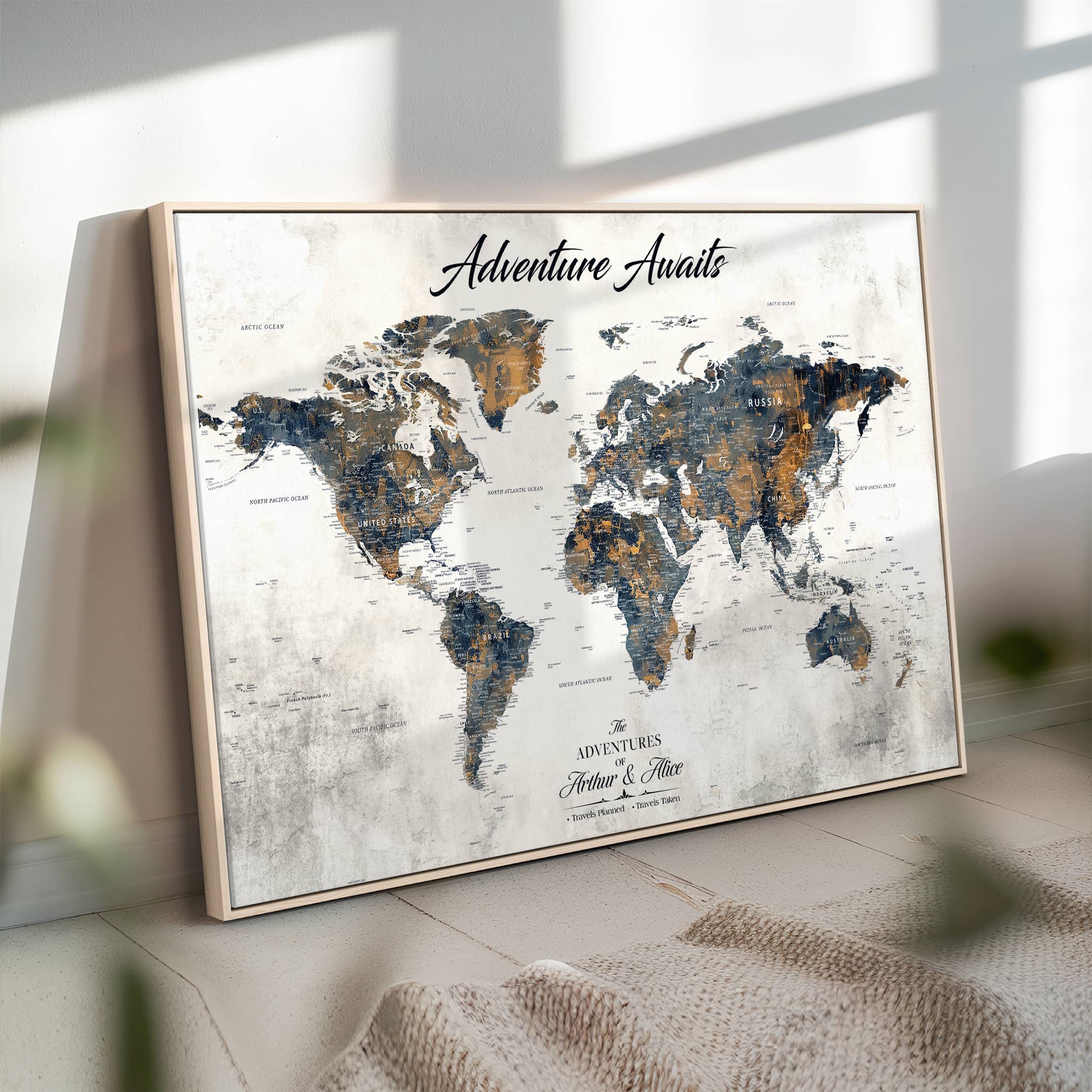 '-Personalized Push Pin World Map Wall Art, Customize Map Canvas Print, Adventure Black White Travel Decor for Couples for Anniversaries - H7