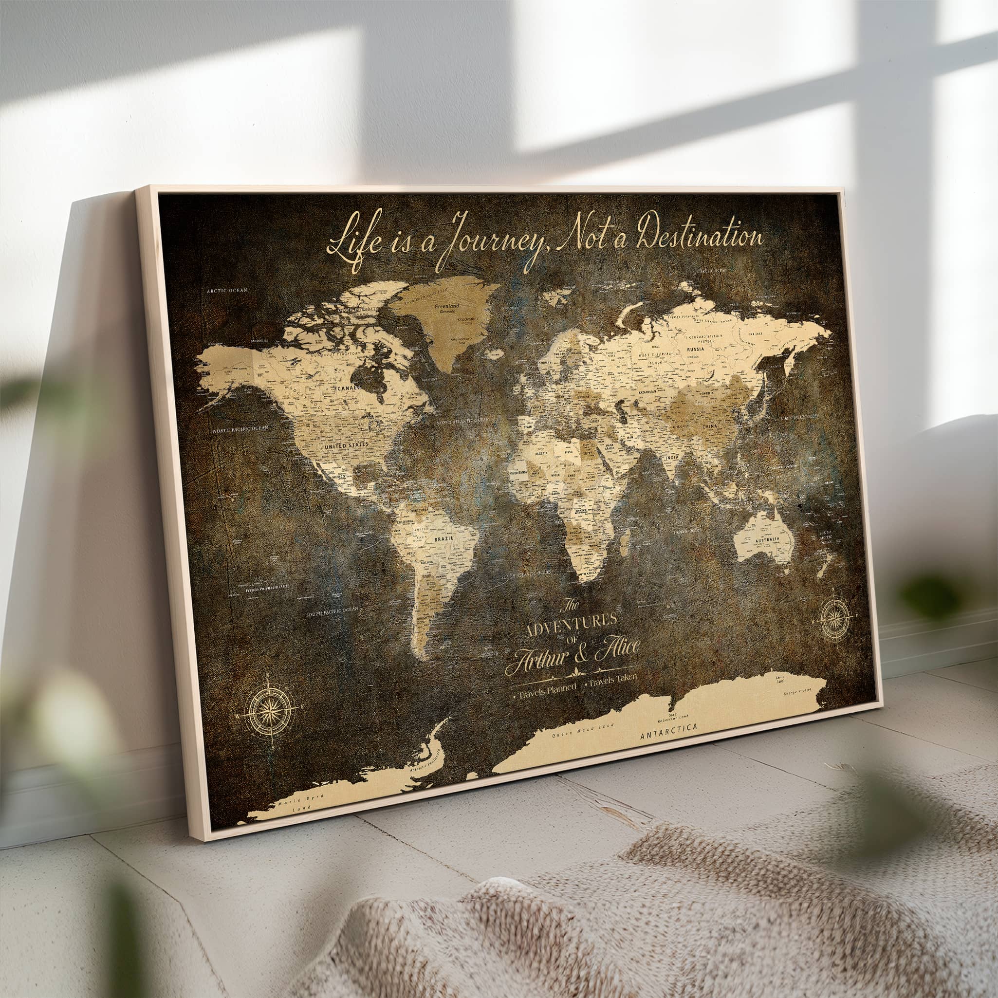 '-Personalized Push Pin World Map – Custom Framed Canvas Wall Art for Travel Memories, Couples, Anniversaries, and Adventure Gifts - H1
