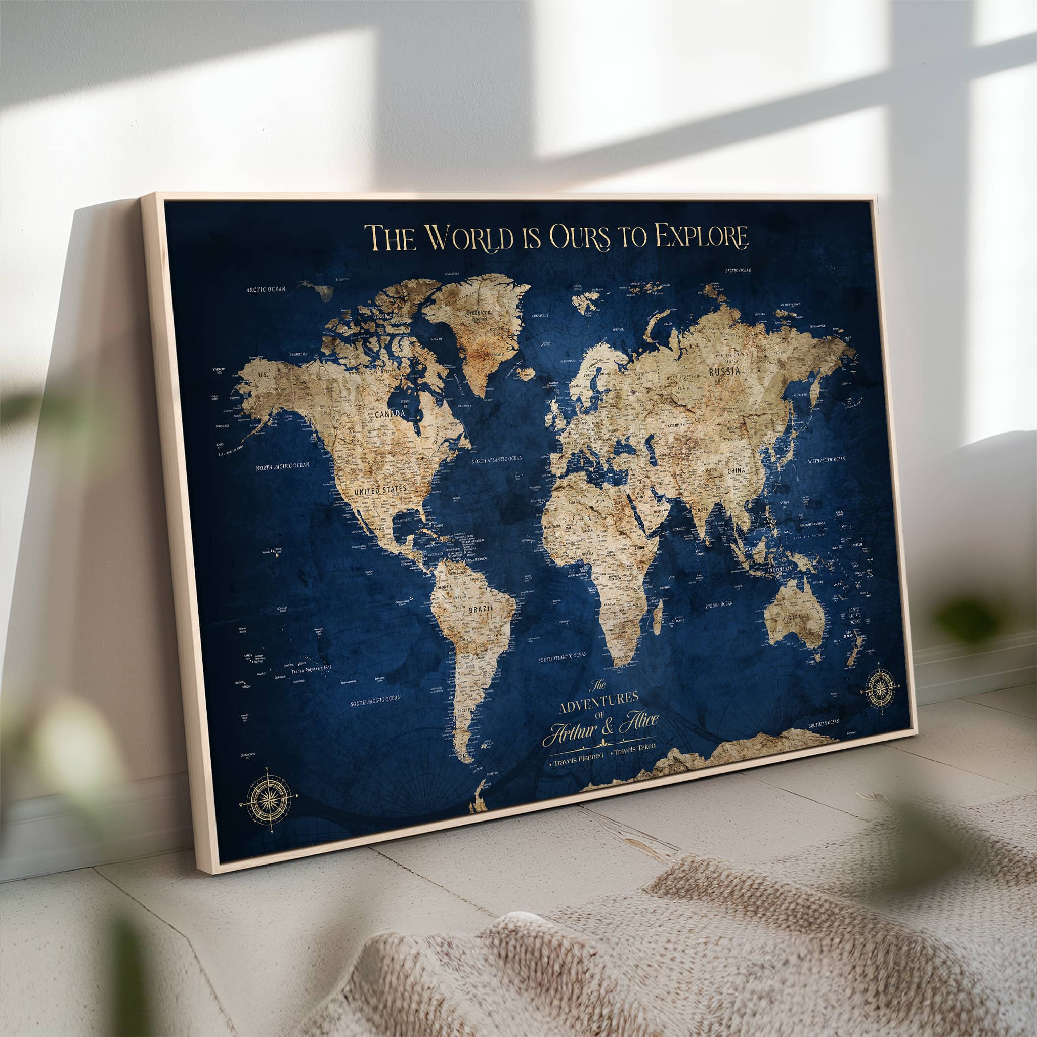 H2-Detailed-Custom Push Pin World Map Personalized Travel Tracker Canvas Gift Framed Anniversary Decor for Couples or Family Adventures - H2-1