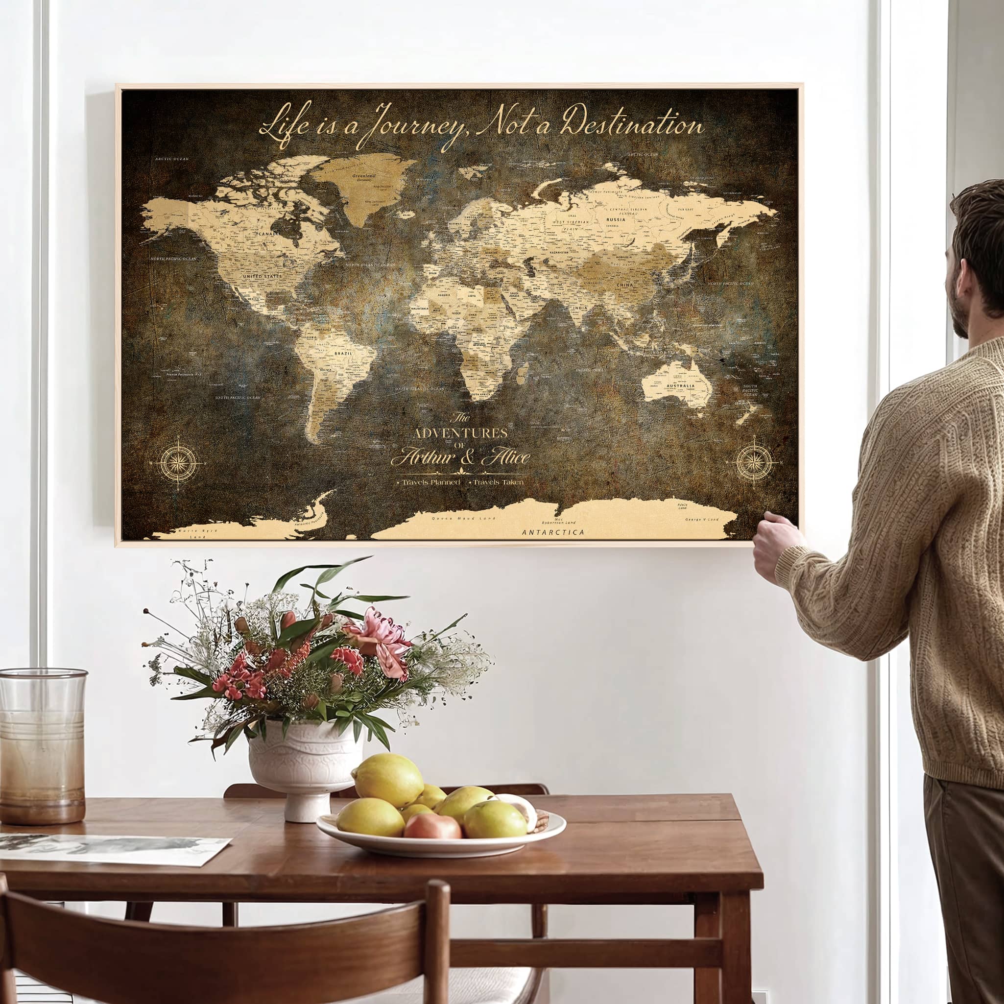 '-Personalized Push Pin World Map – Custom Framed Canvas Wall Art for Travel Memories, Couples, Anniversaries, and Adventure Gifts - H1