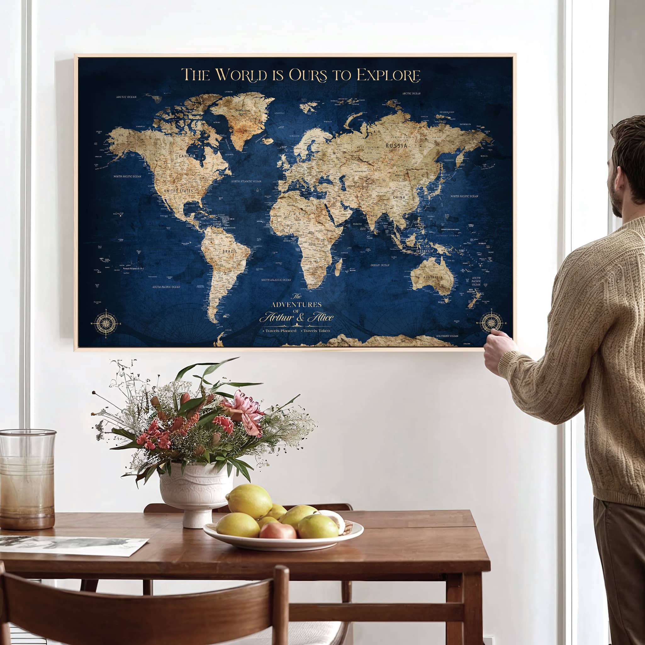 H2-Detailed-Custom Push Pin World Map Personalized Travel Tracker Canvas Gift Framed Anniversary Decor for Couples or Family Adventures - H2-1