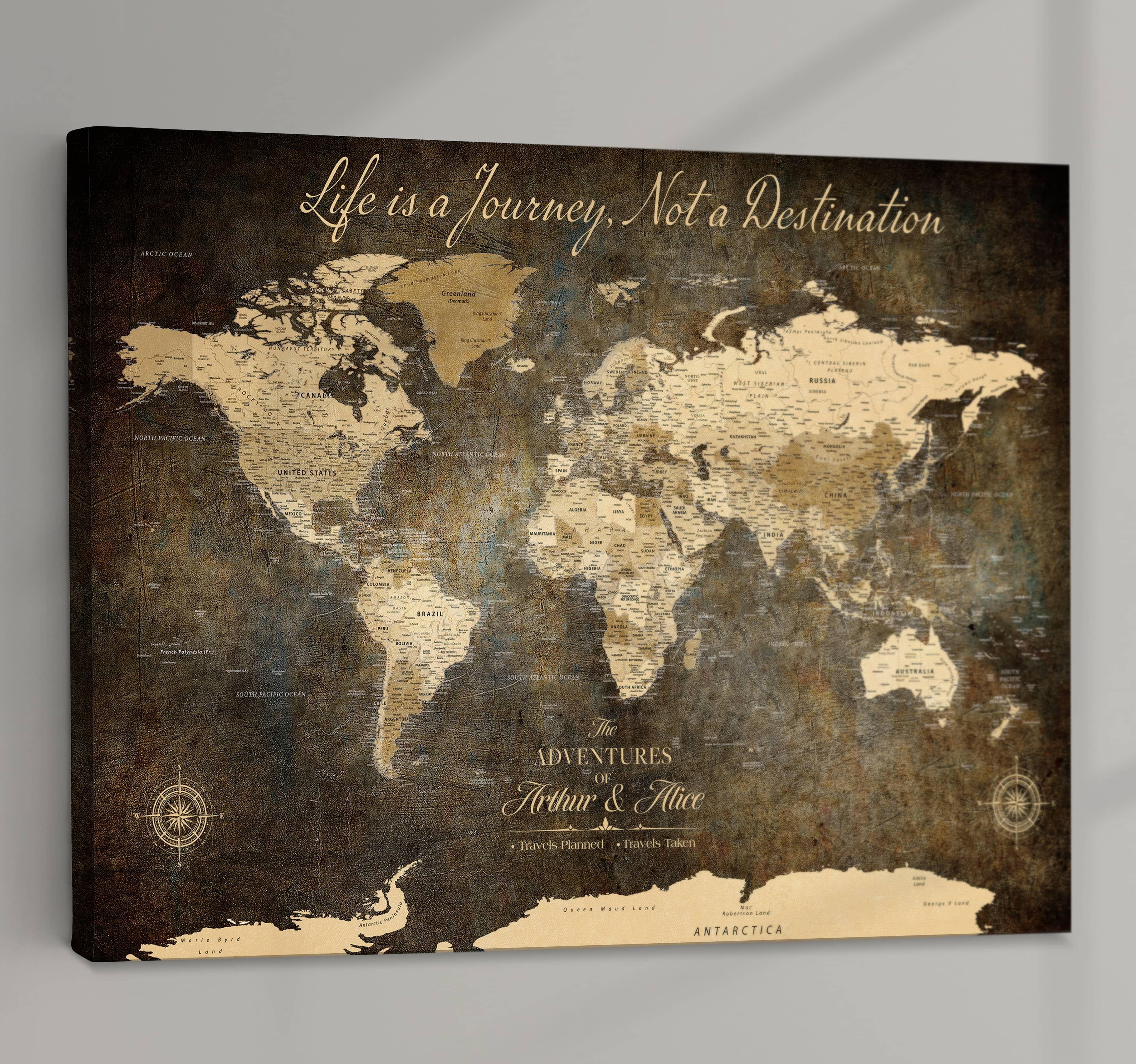 '-Personalized Push Pin World Map – Custom Framed Canvas Wall Art for Travel Memories, Couples, Anniversaries, and Adventure Gifts - H1