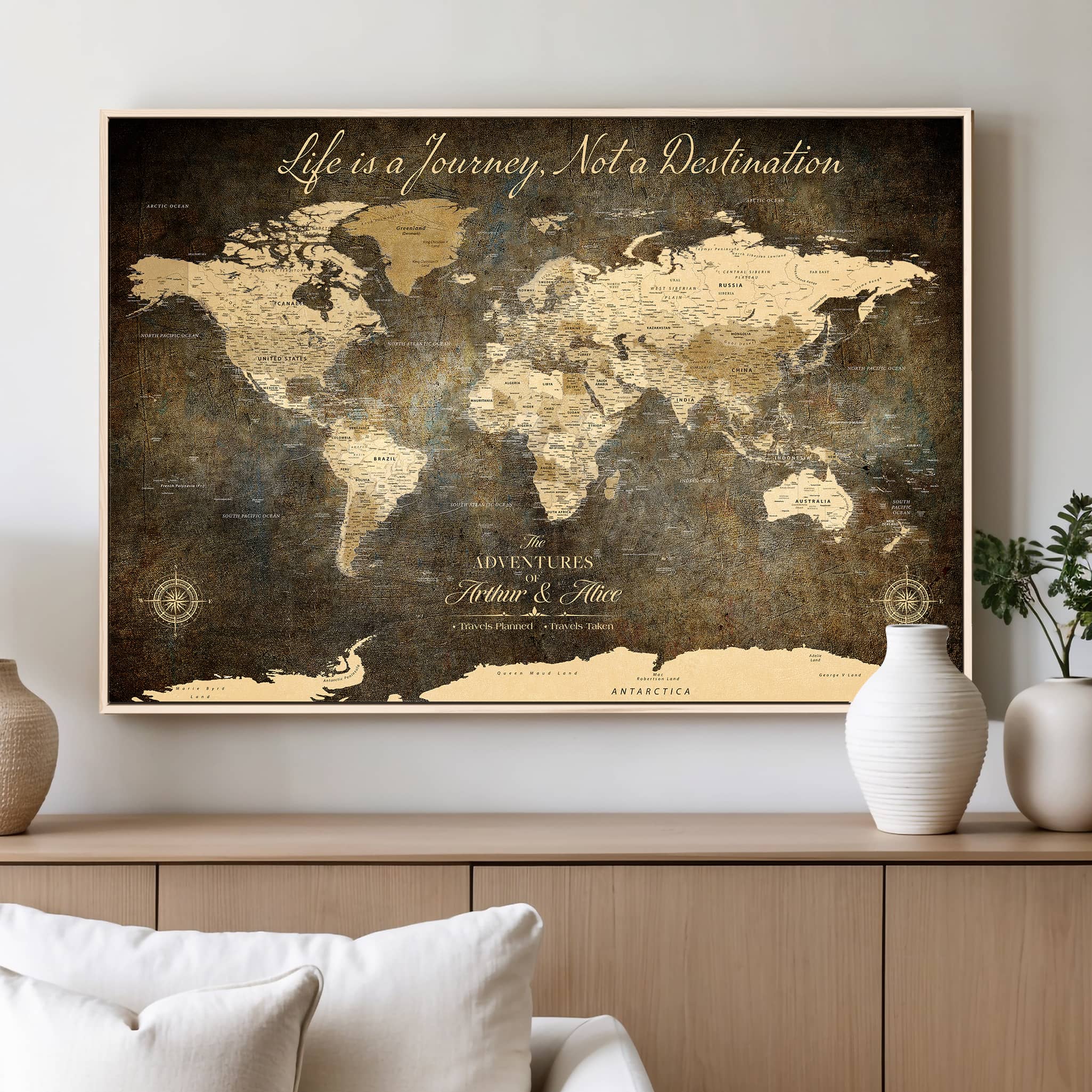 '-Personalized Push Pin World Map – Custom Framed Canvas Wall Art for Travel Memories, Couples, Anniversaries, and Adventure Gifts - H1