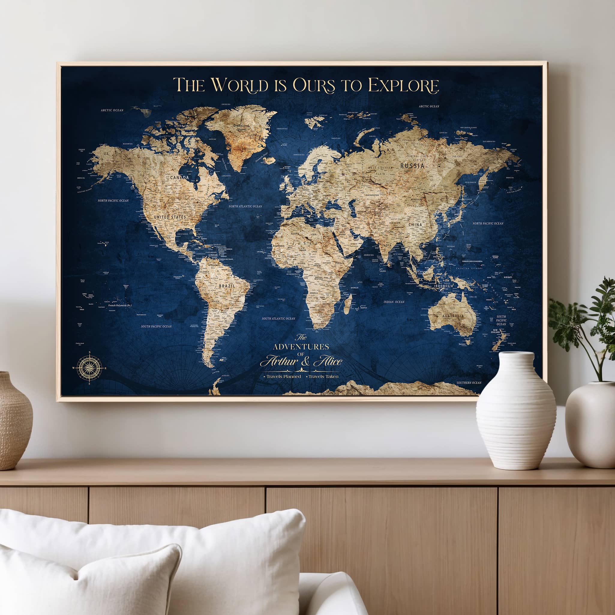 H2-Detailed-Custom Push Pin World Map Personalized Travel Tracker Canvas Gift Framed Anniversary Decor for Couples or Family Adventures - H2-1