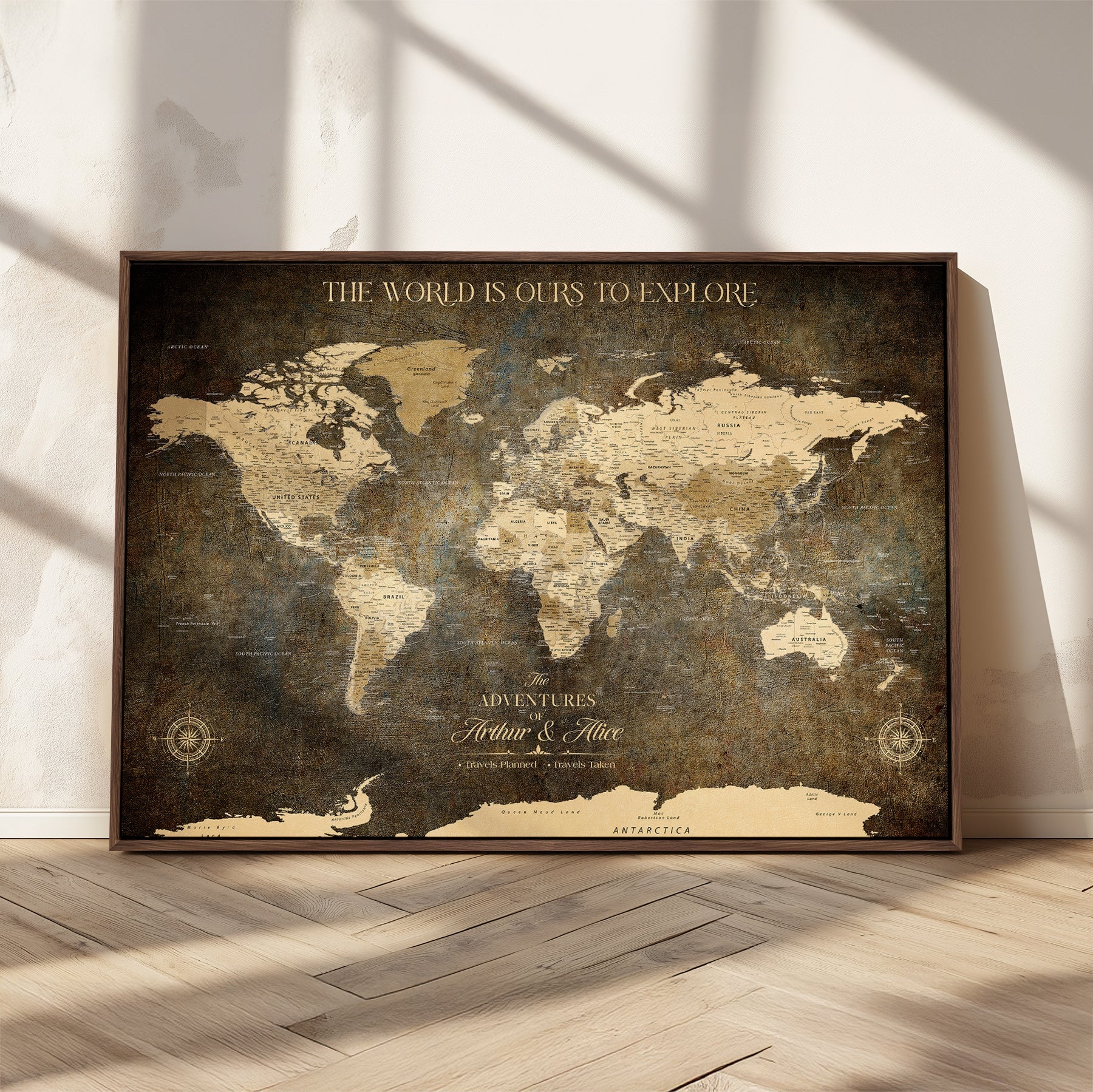 77826024S-MGV-CV-36X24-Personalized World Map Wall Art Print – Custom Push Pin Canvas Design, Framed Gift for Travel Memories, Couples or Special Occasions